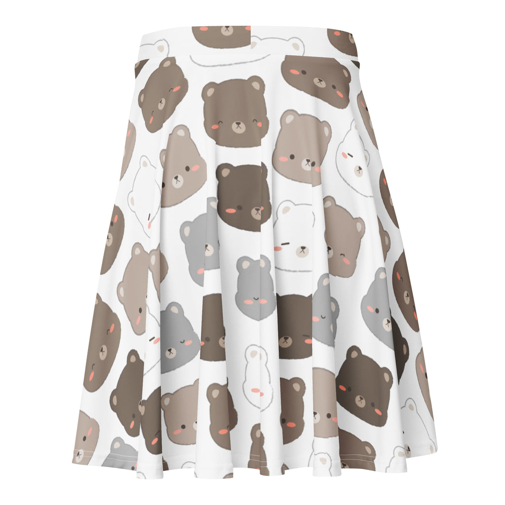 White pleated women’s skater skirt with cute brown gray bear pattern flowy high waisted upf 50 plus recycled fabric