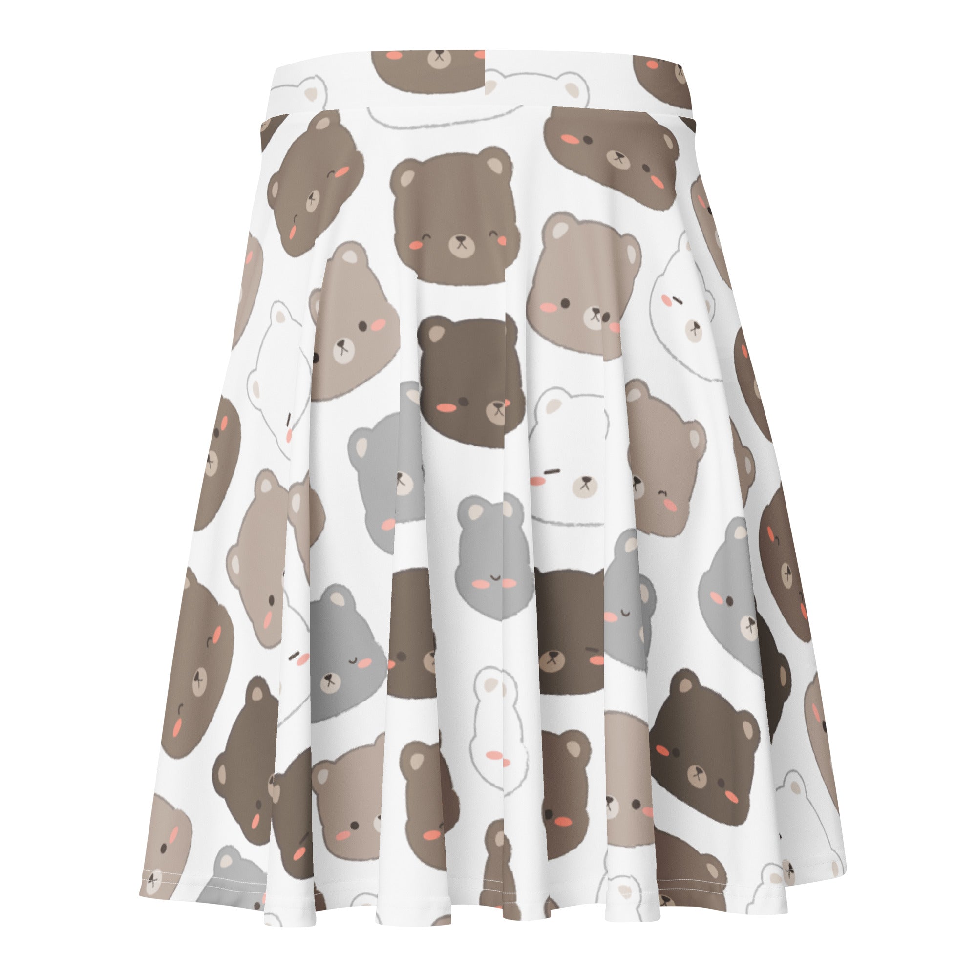 White pleated women’s skater skirt with cute brown gray bear pattern flowy high waisted upf 50 plus recycled fabric