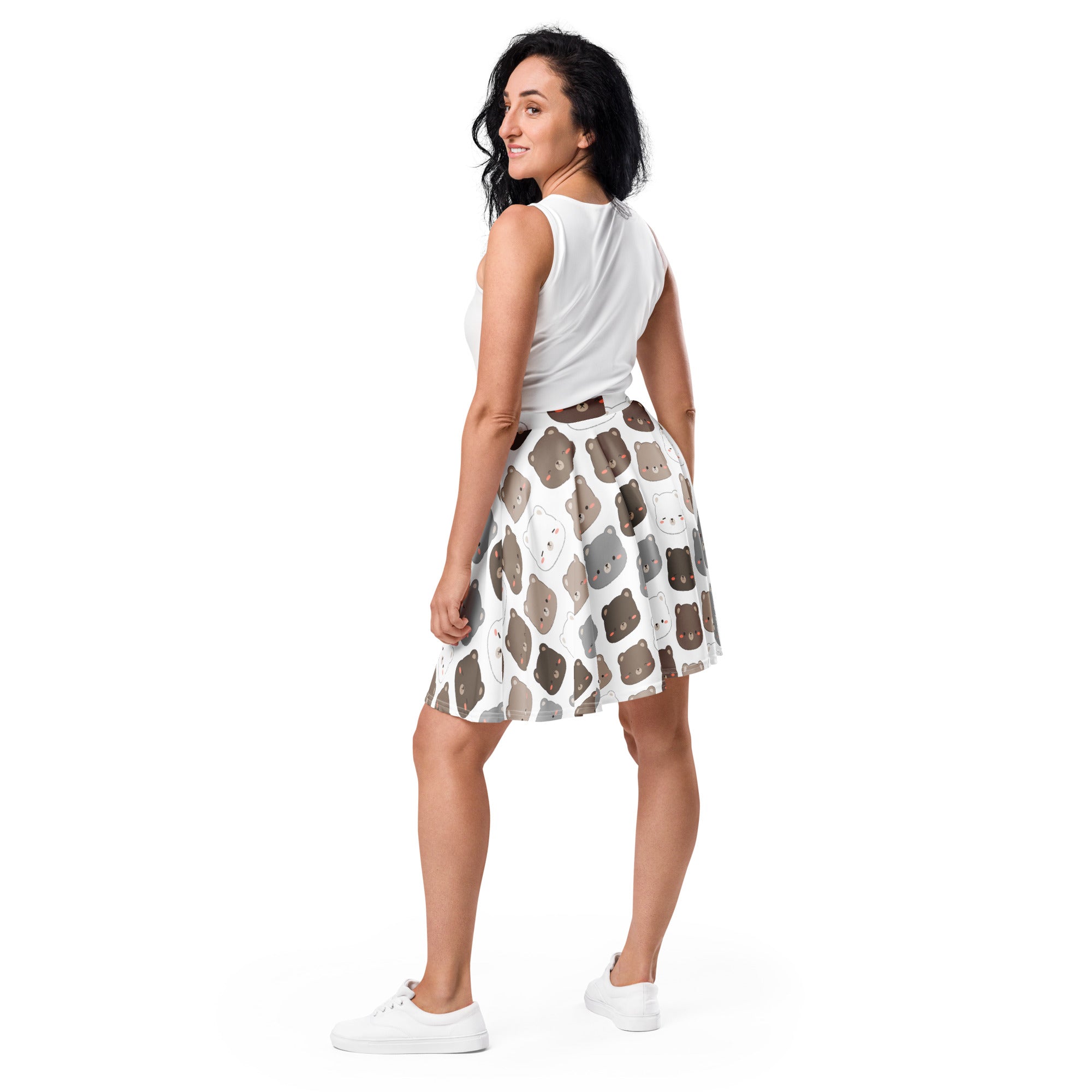 White women’s cute bear skater skirt with playful brown gray and black cartoon faces flowy high waisted recycled fabric