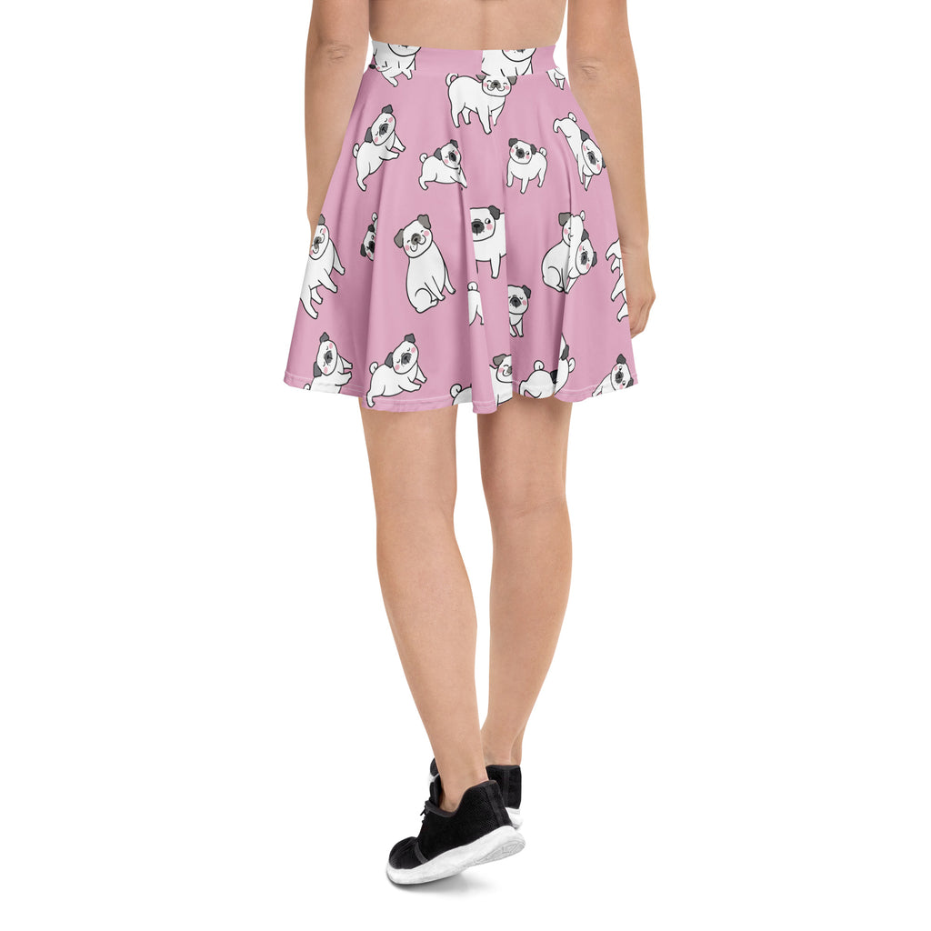 Women’s pink pug skater skirt with playful white cartoon pugs flowy high waisted upf 50 plus recycled fabric