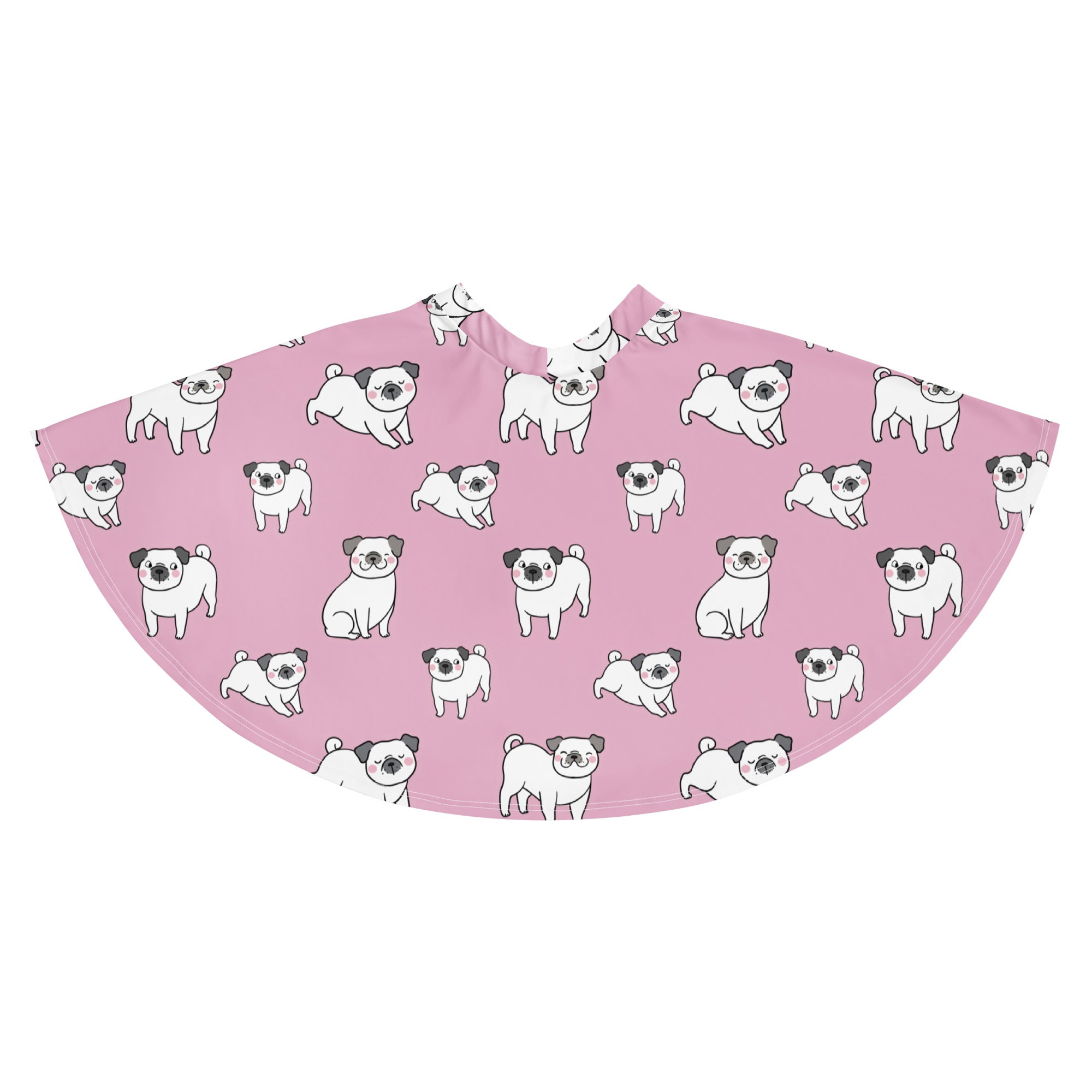 Women’s pink pug skater skirt with flowy high waist upf 50 plus recycled fabric and playful dog pattern