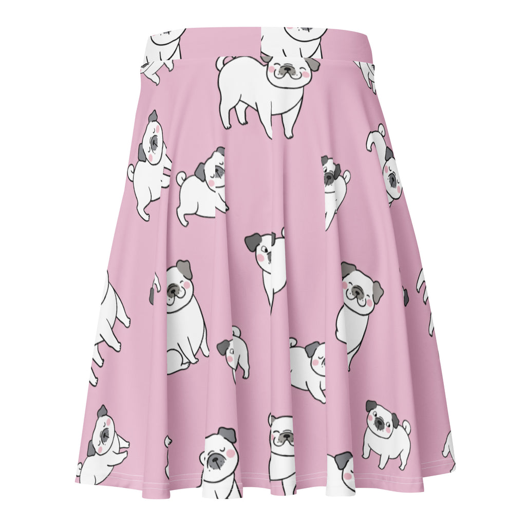 Women’s pink pug skater skirt with playful cartoon pug pattern white gray flowy high waisted recycled fabric upf 50+