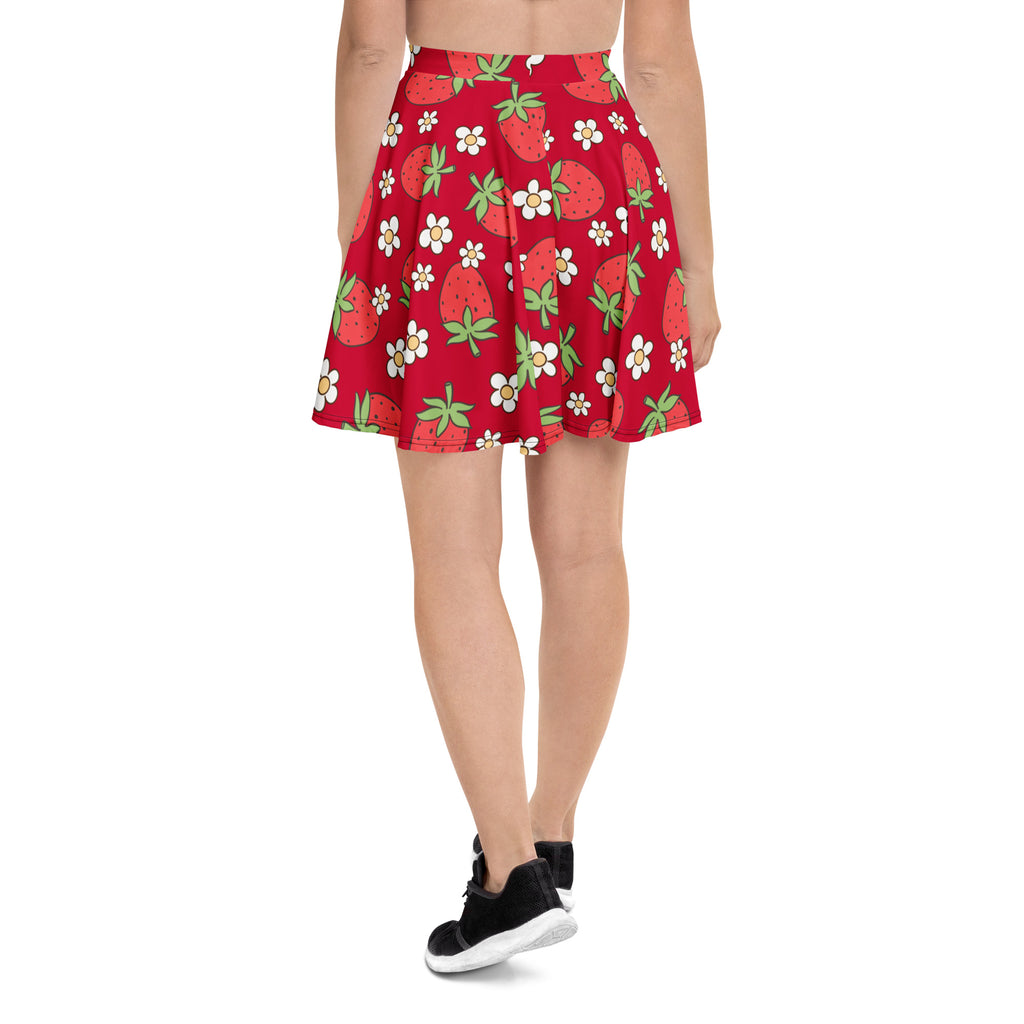 A vibrant red women’s skater skirt with strawberries white flowers flowy high waisted UPF 50 plus recycled fabric