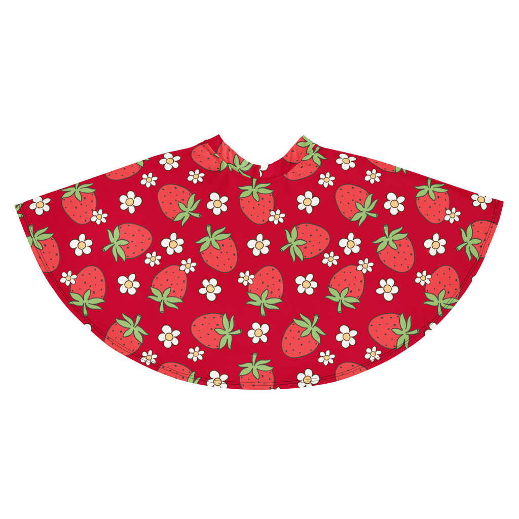 A vibrant red women’s skater skirt with playful strawberry pattern high waisted flowy upf 50 recycled fabric