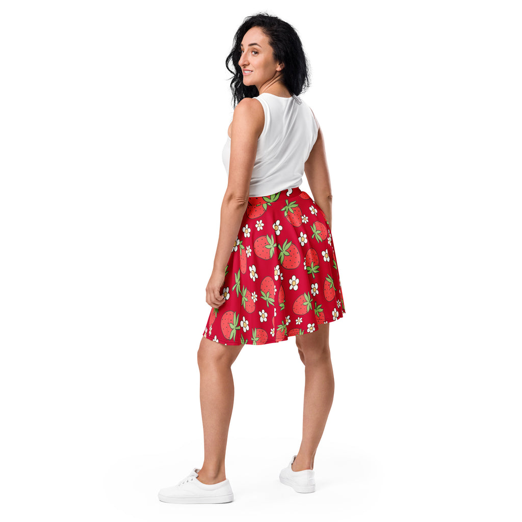 Women’s red strawberry skater skirt with white flowers green leaves flowy high waisted upf 50 plus recycled fabric