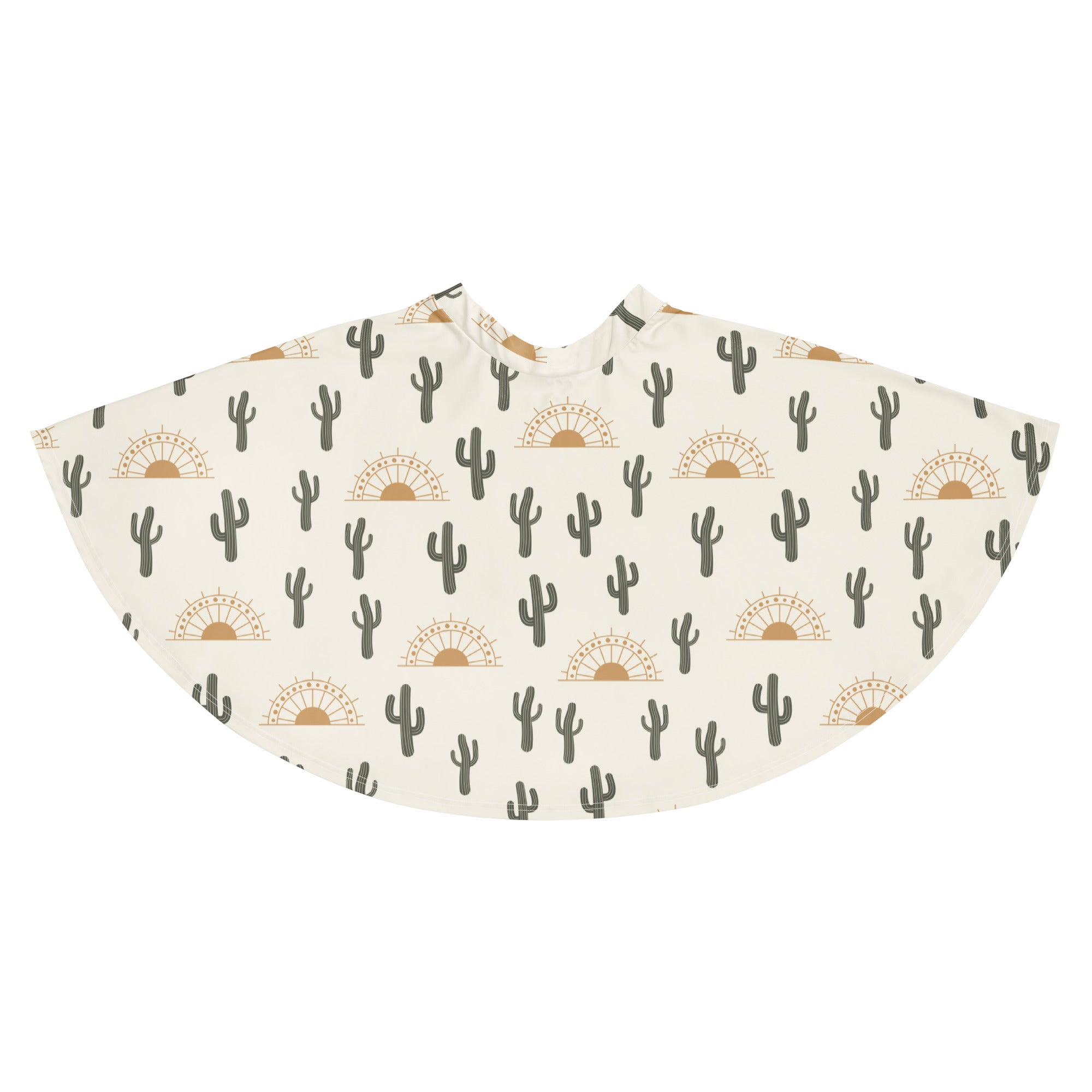 A soft off-white womens desert cactus sunrise skater skirt with dark green cactus pattern and golden sunsets made from recycled fabric