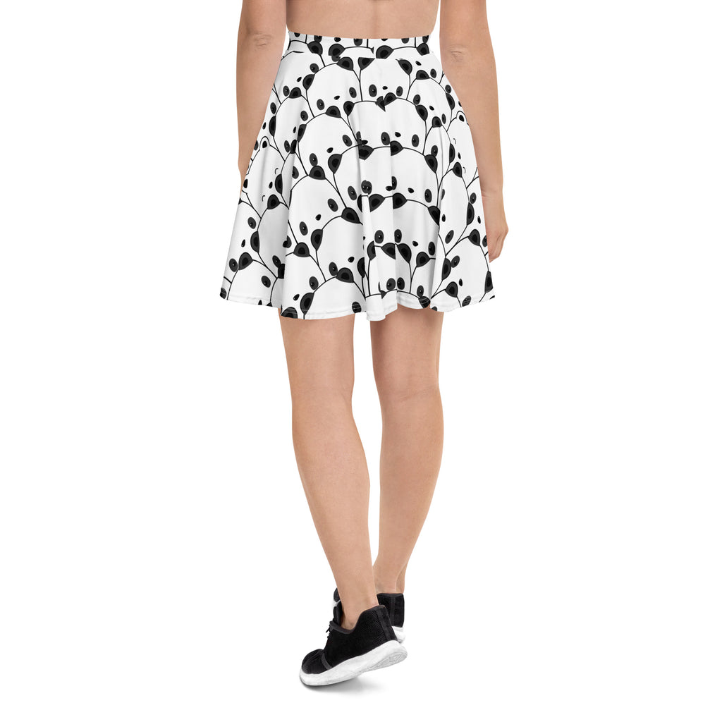 White flared women’s panda skater skirt with black botanical pattern high waisted flowy recycled fabric upf 50+