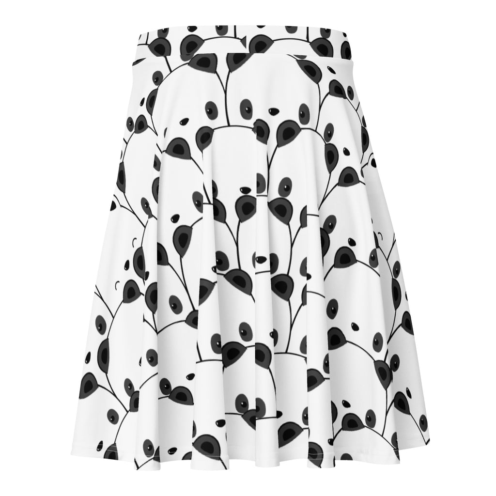 White flared high waisted panda skater skirt with black botanical print made from recycled fabric with upf 50+ protection