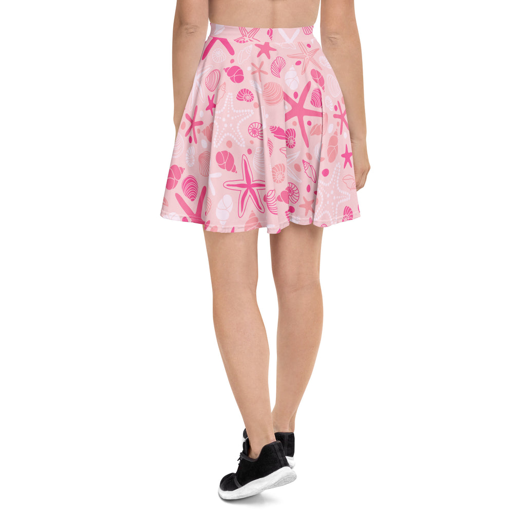 Women’s pink starfish and shells skater skirt with pleats flowy high waisted recycled fabric upf 50 plus