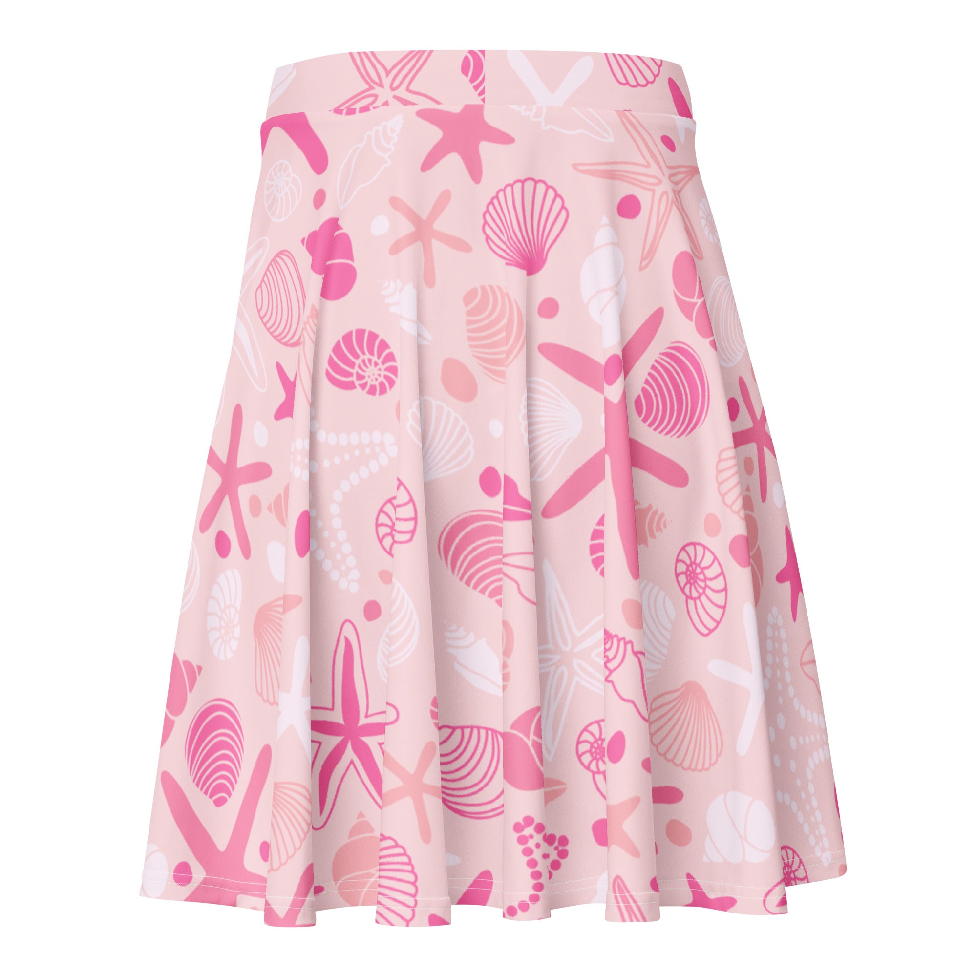Women’s pink starfish and shells pleated skater skirt with playful pattern, flowy high waisted fabric with UPF 50+