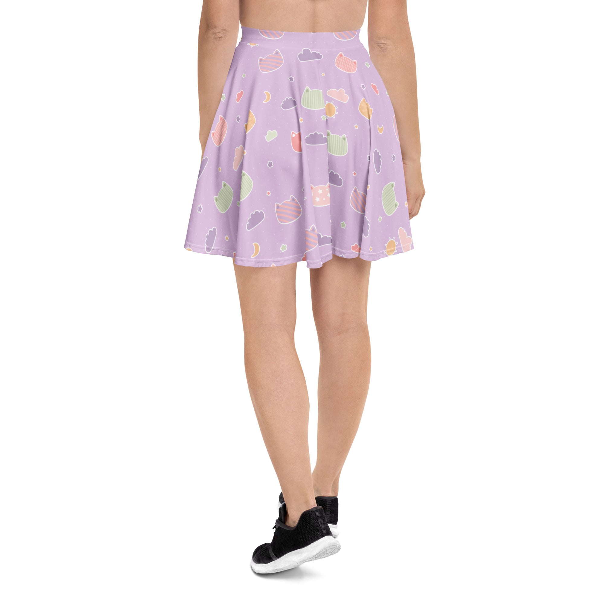 Lavender pleated skater skirt with pastel kawaii cats clouds moons print flowy high waisted recycled fabric upf 50+
