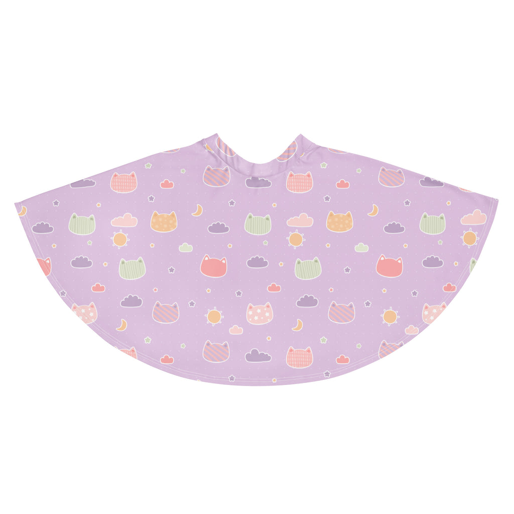 A soft lavender women’s skater skirt with playful pastel cats clouds moons stars pattern made from recycled fabric