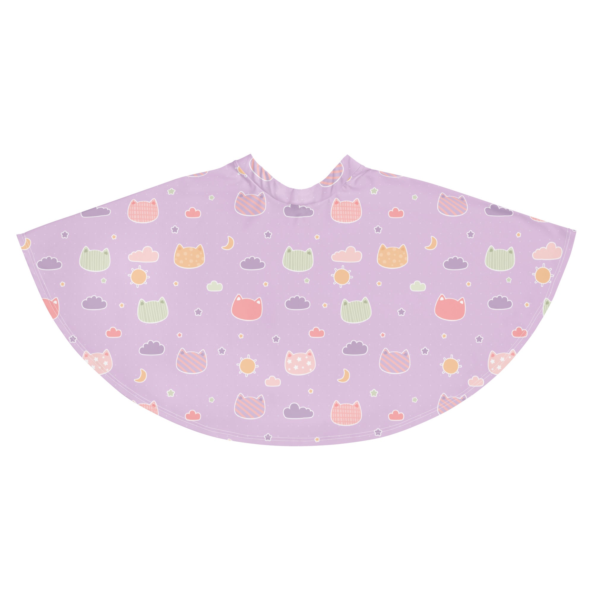 A soft lavender women’s skater skirt with playful pastel cats clouds moons stars pattern made from recycled fabric