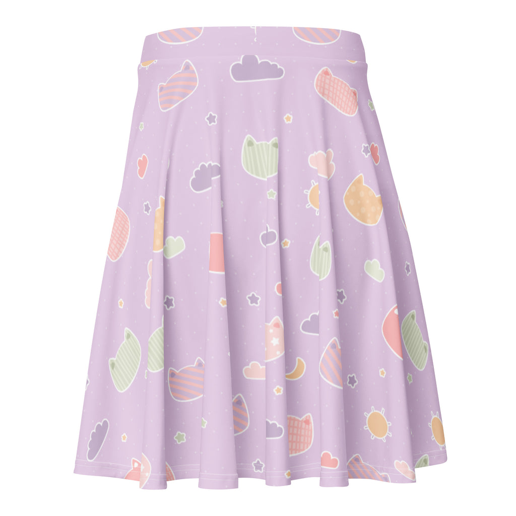 Pleated lavender womens skater skirt with pastel kawaii cat cloud star pattern flowy high waisted recycled fabric upf 50+