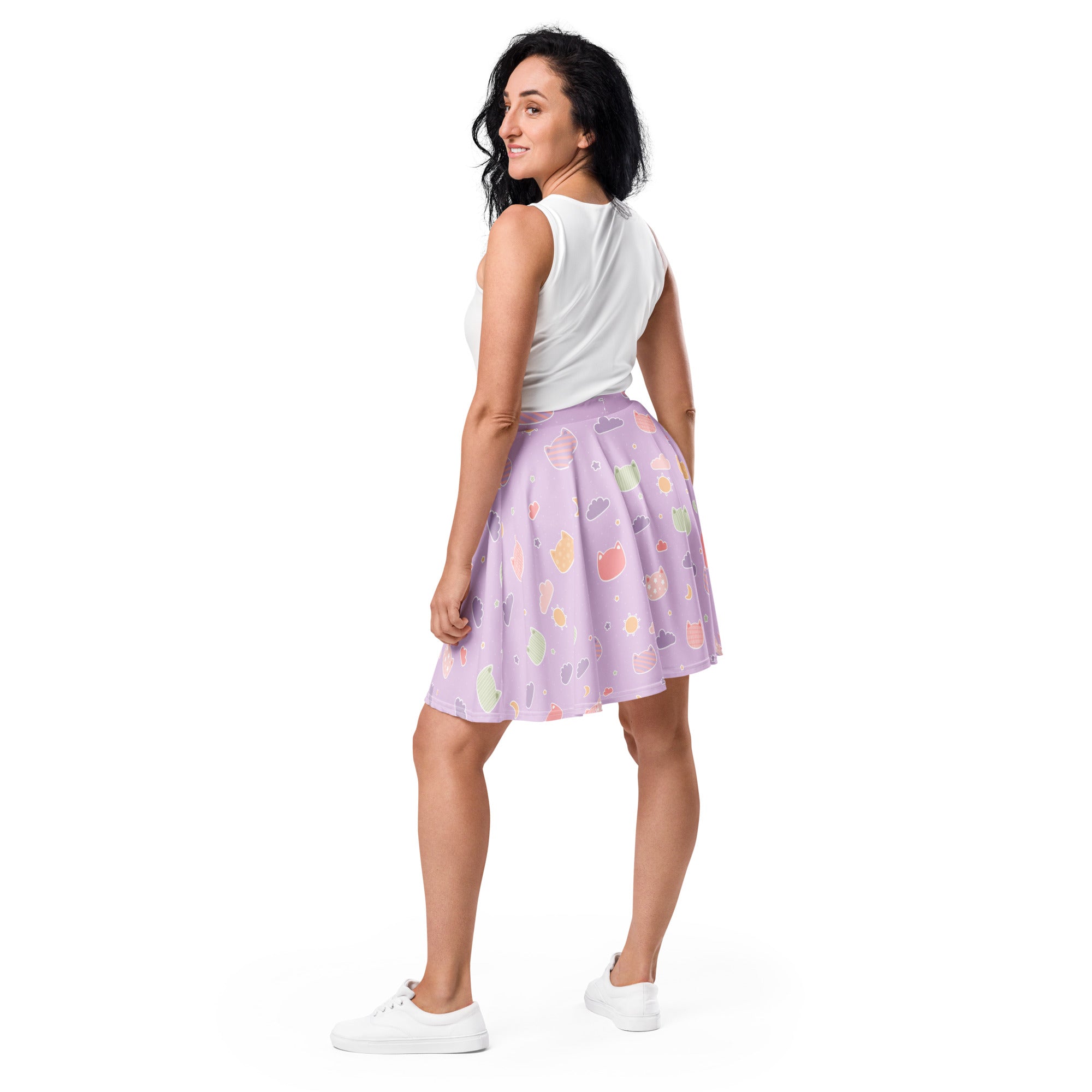 Lavender pleated skirt with pastel-colored fruit and heart pattern flowy high waisted upf 50 plus recycled fabric
