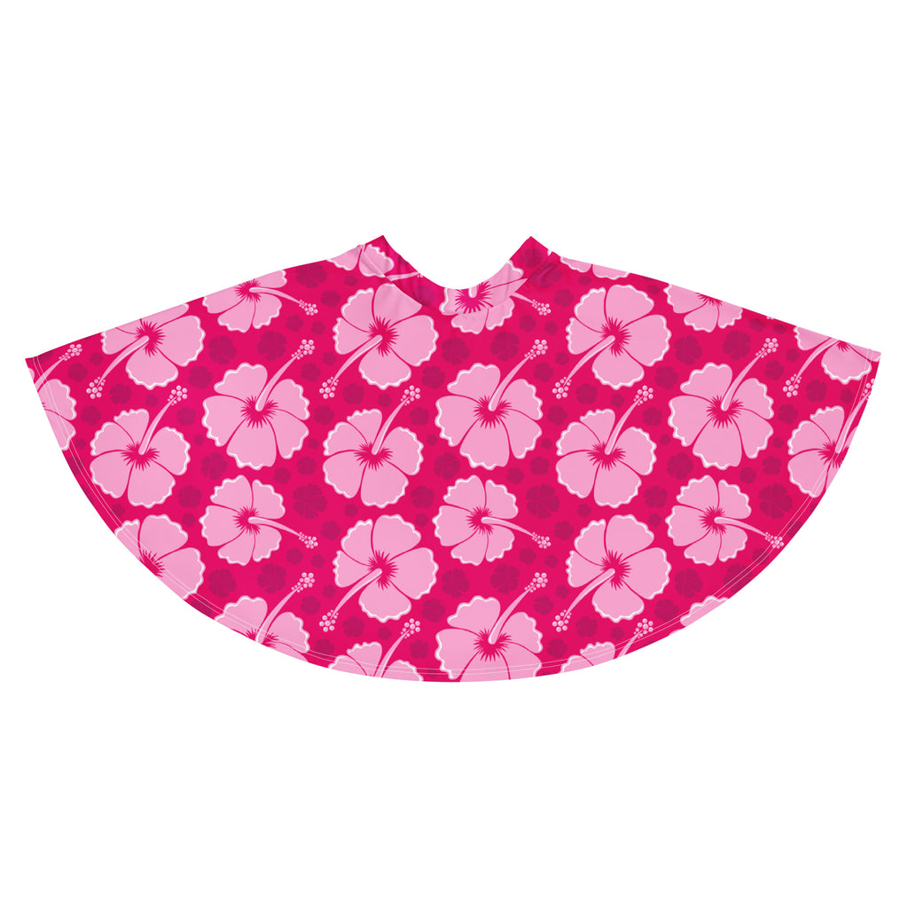 A vibrant pink hibiscus patterned waterproof cape featuring bold tropical design for stylish outdoor wear