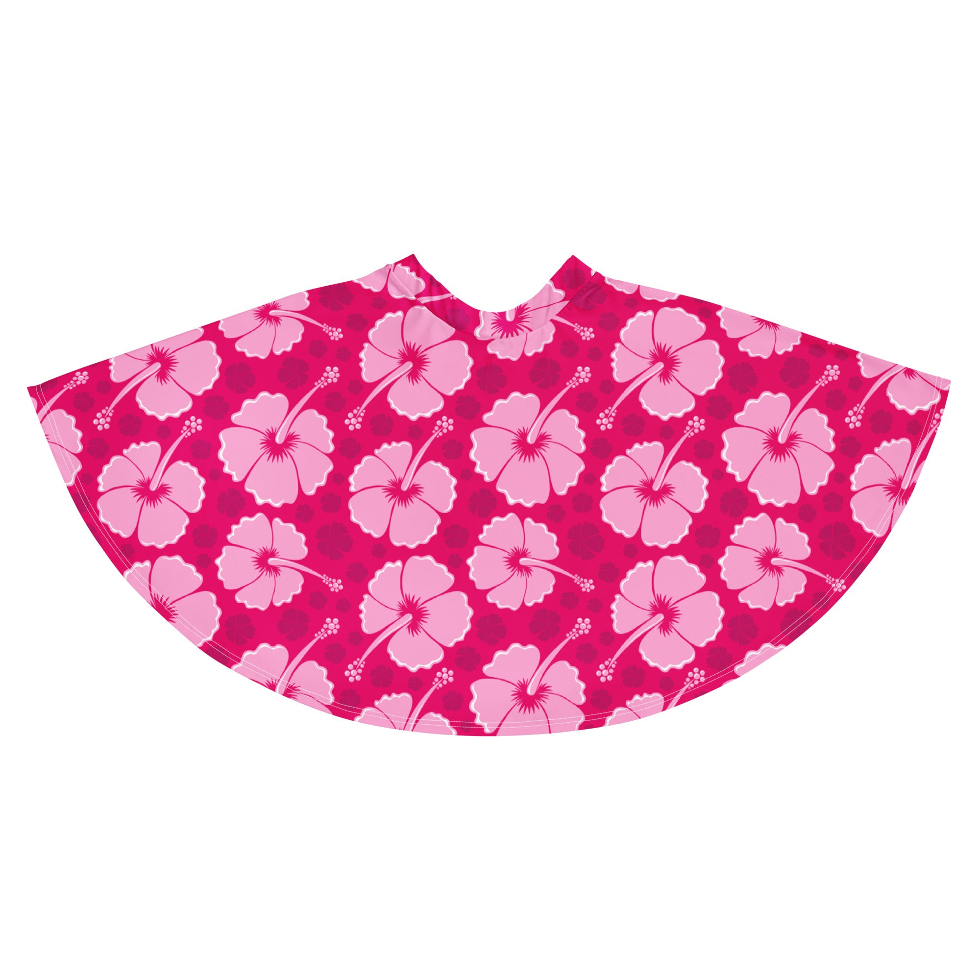 A vibrant pink hibiscus patterned waterproof cape featuring bold tropical design for stylish outdoor wear