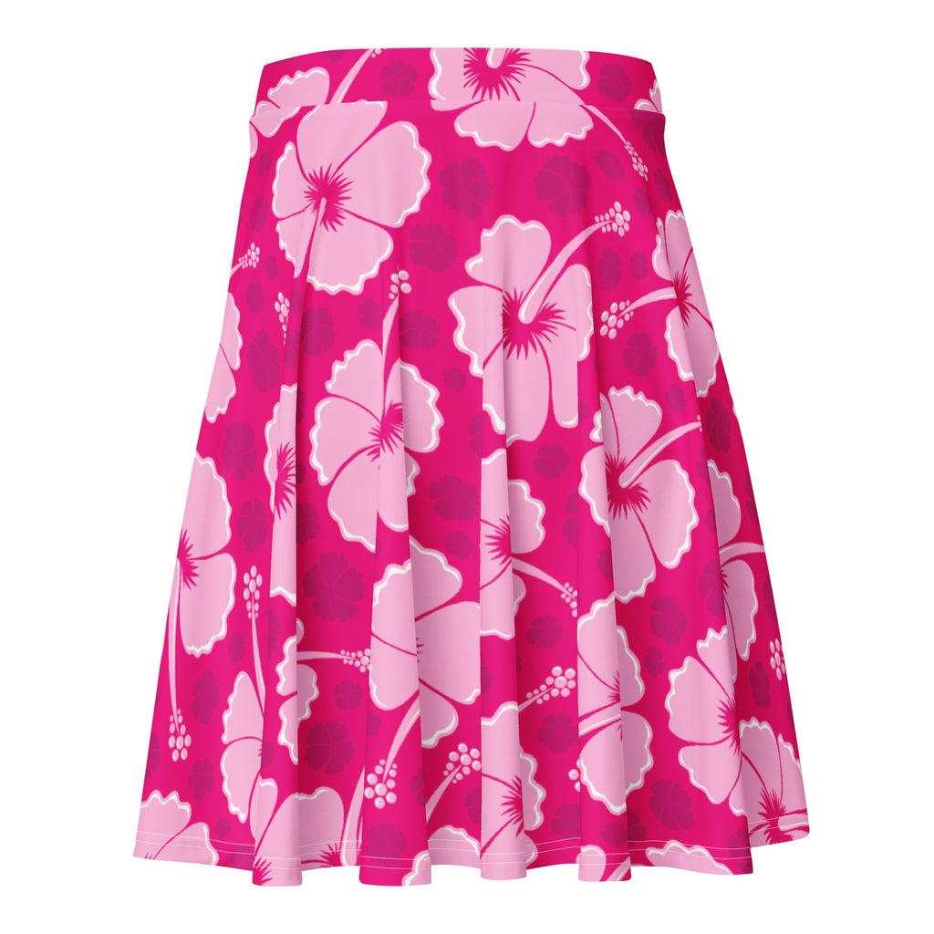 Women’s pink hibiscus skater skirt with vibrant floral pattern polka dots flowy high waisted recycled fabric upf 50+