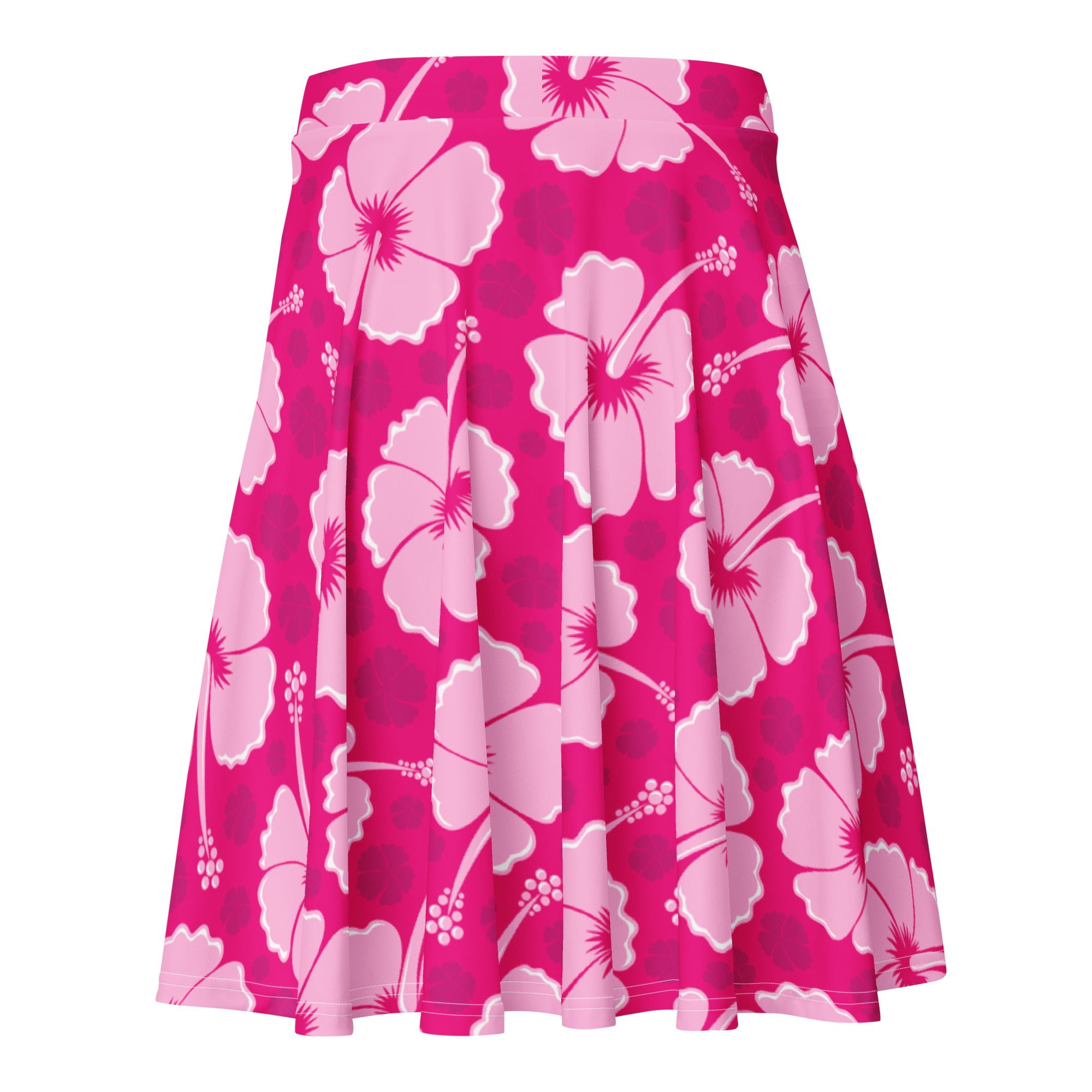 Women’s pink hibiscus skater skirt with vibrant floral pattern polka dots flowy high waisted recycled fabric upf 50+
