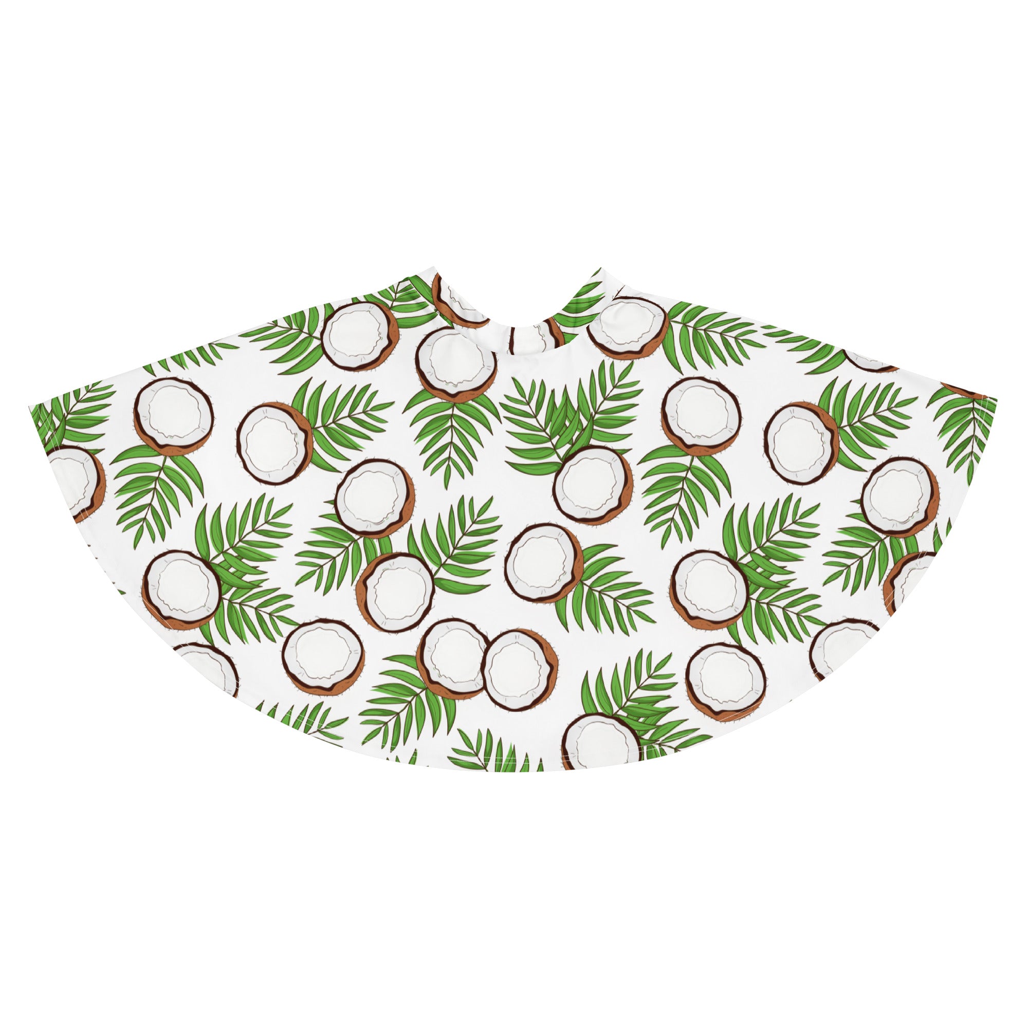 White cape with tropical green palm leaves and brown and white coconuts pattern made from recycled fabric