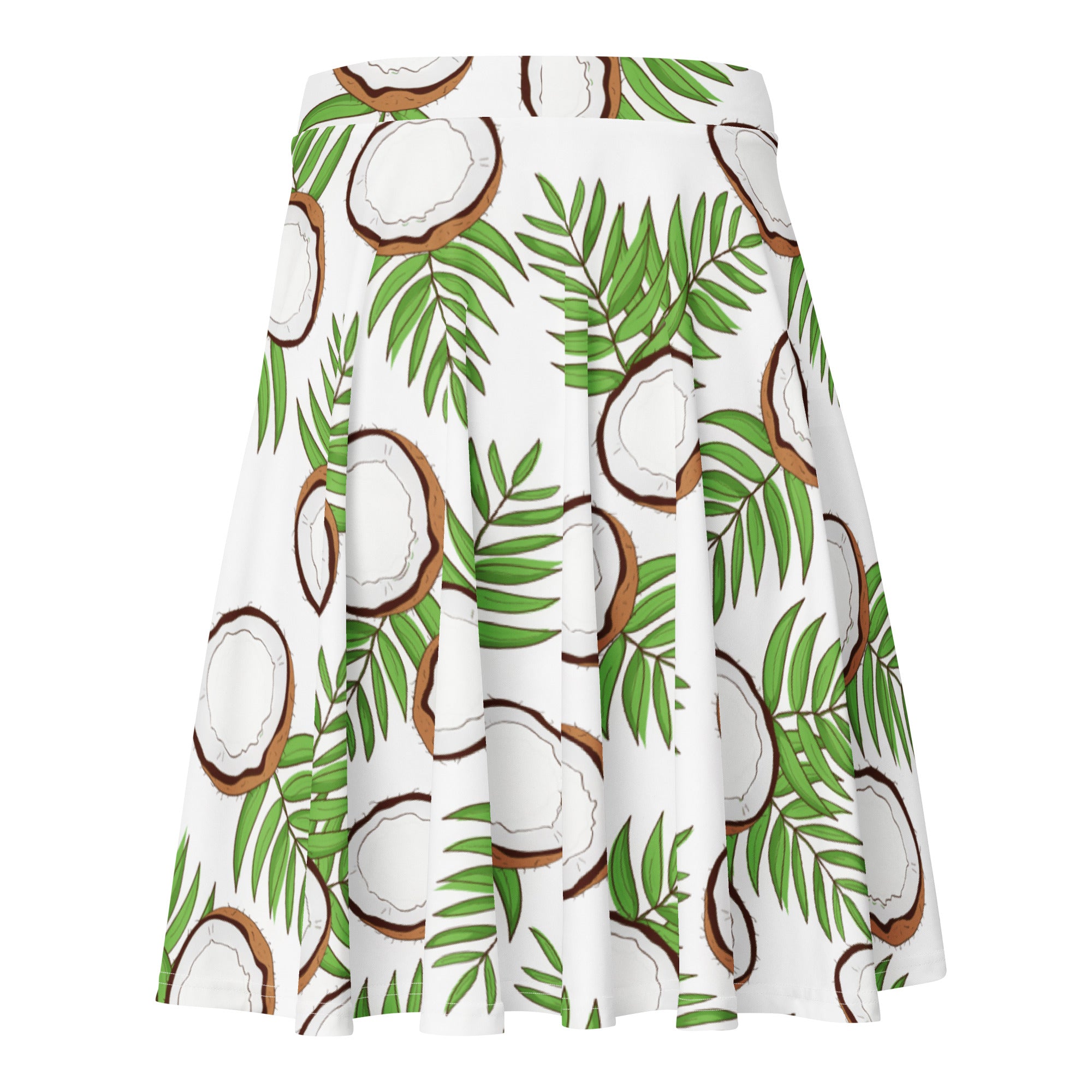 White pleated women’s skater skirt with vibrant green palm leaves and brown coconuts made from recycled fabric with upf 50+