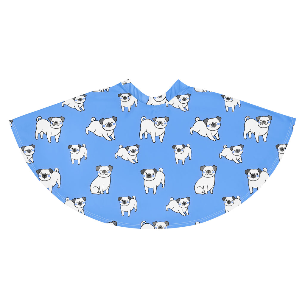 Women’s blue pug-patterned cape made from recycled fabric with flowy design and upf 50+ for sun protection