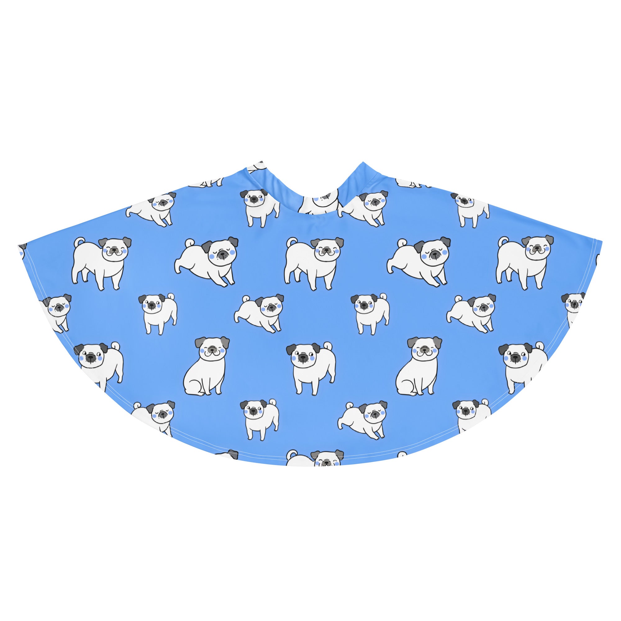 Women’s blue pug-patterned cape made from recycled fabric with flowy design and upf 50+ for sun protection