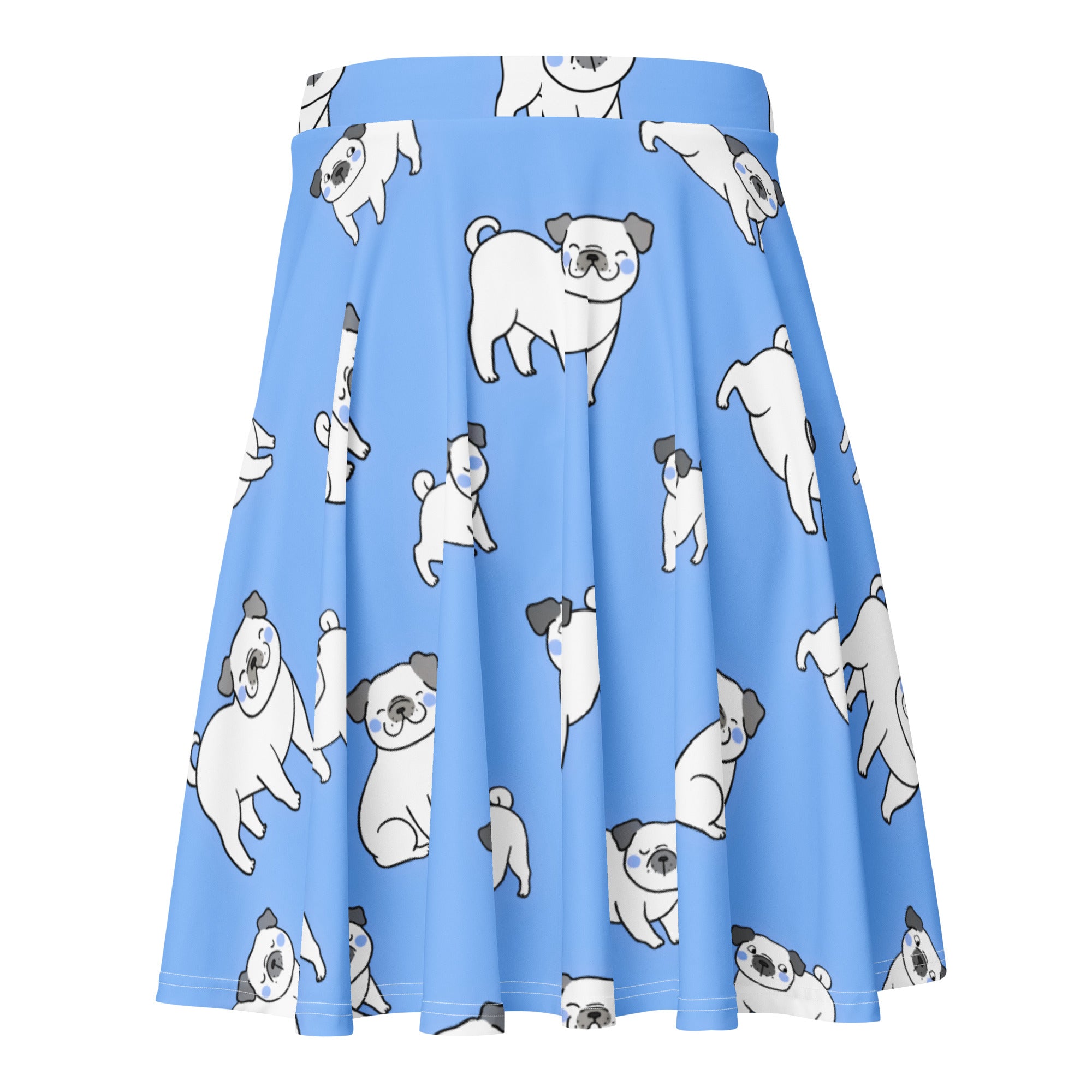 Women’s light blue pleated skater skirt with playful white pug print made from recycled fabric with upf 50+ protection