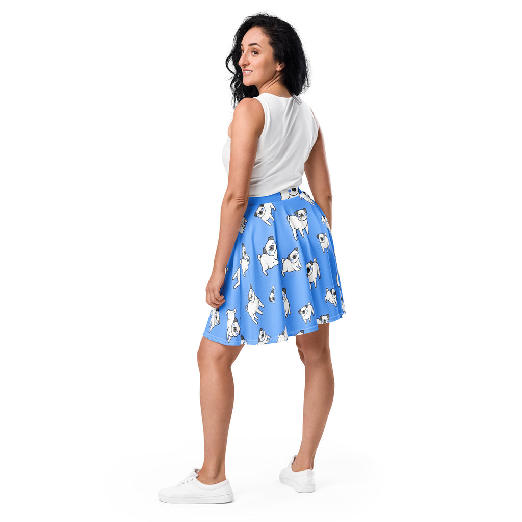 Women’s blue corgi dog skater skirt with playful white pug pattern flowy high waisted upf 50 plus recycled fabric