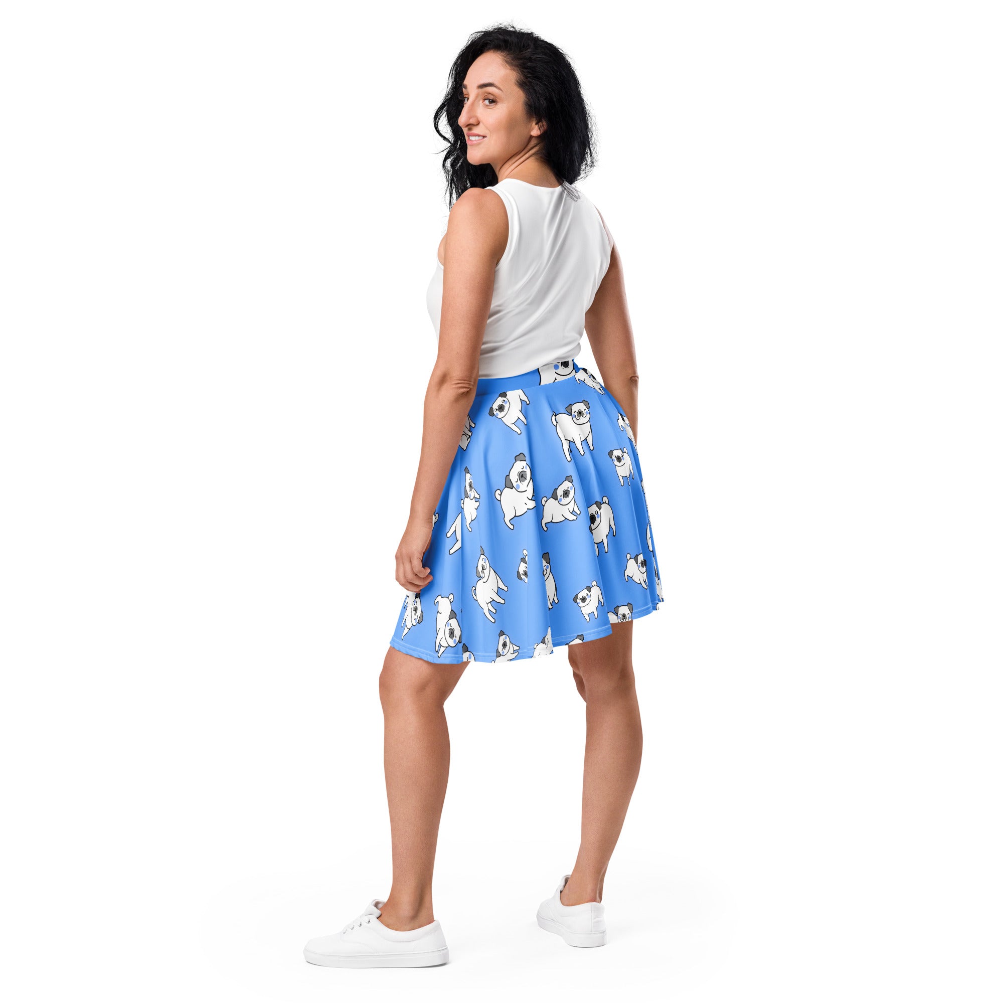 Women’s blue corgi dog skater skirt with playful white pug pattern flowy high waisted upf 50 plus recycled fabric