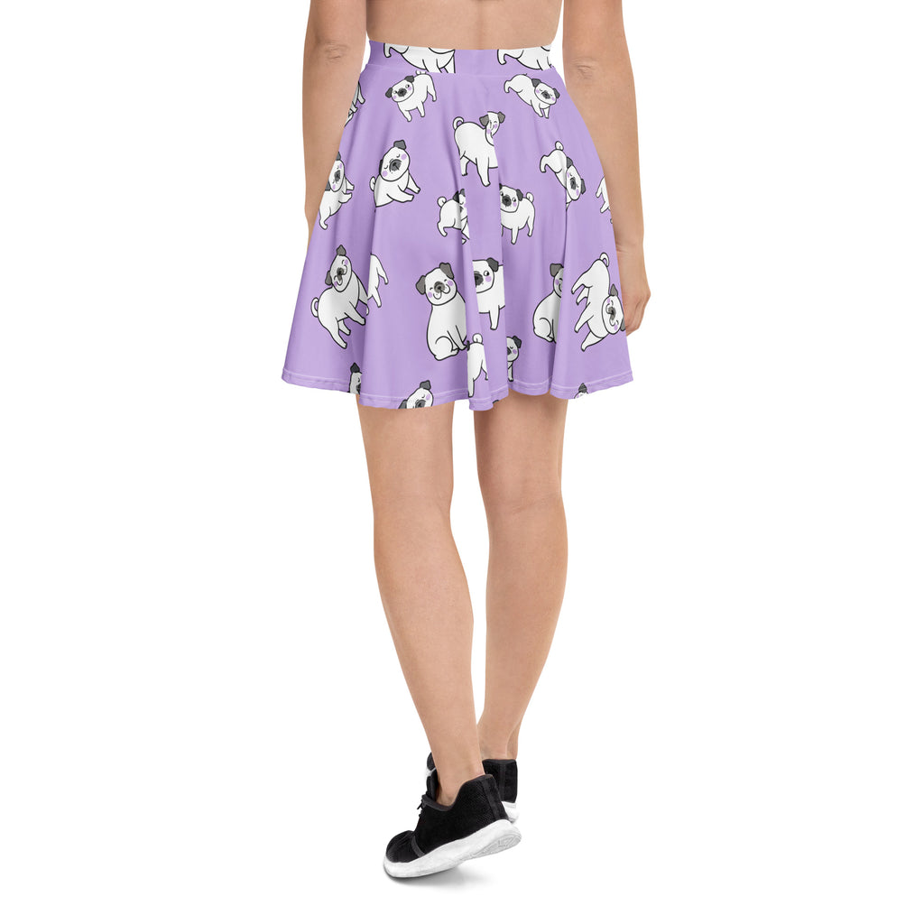 Women’s purple corgi dog skater skirt in flowy high waisted recycled fabric with playful white pug print and upf 50+ protection
