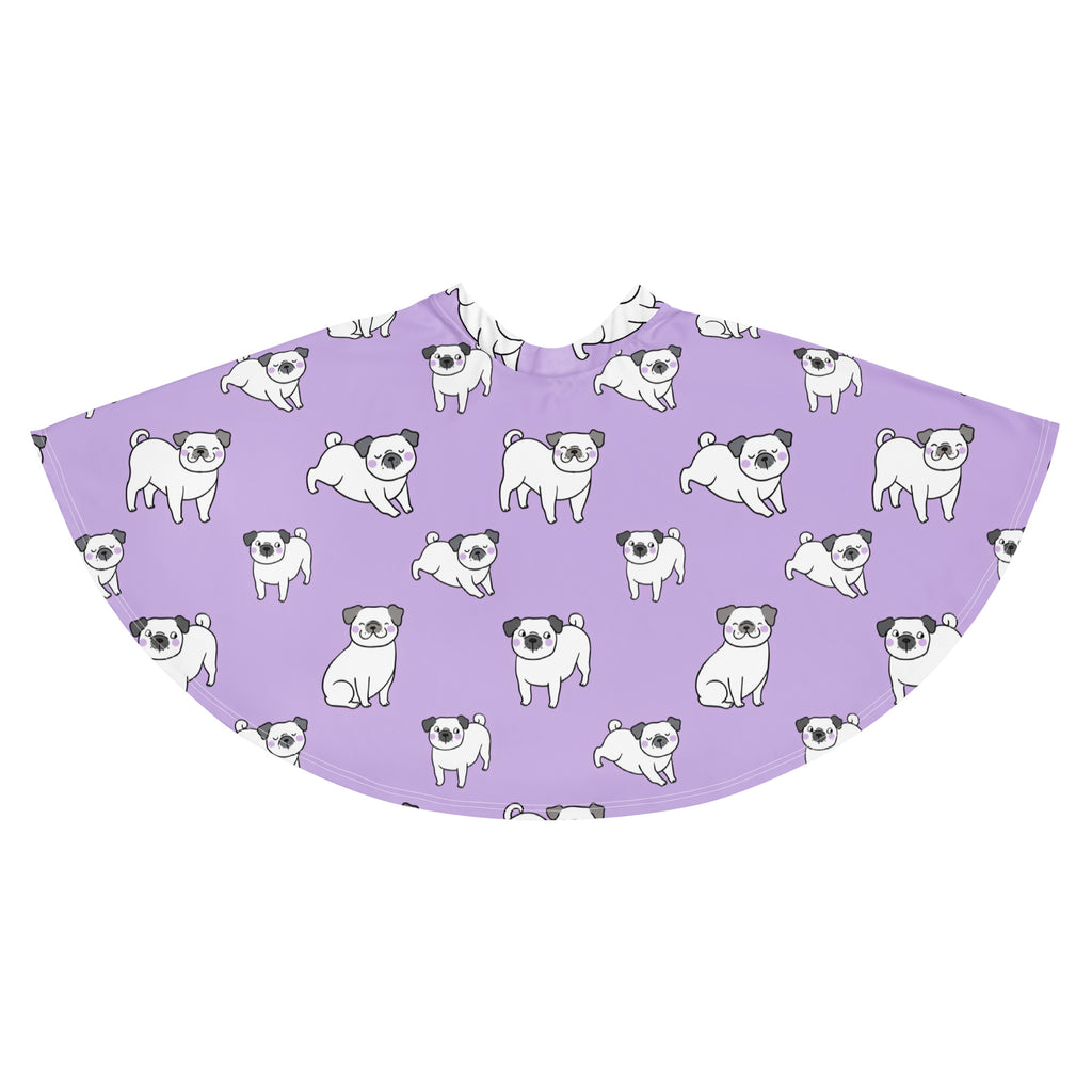 A lavender circular hair-cutting cape with a repeating pattern of white cartoon pugs featuring black ears and noses