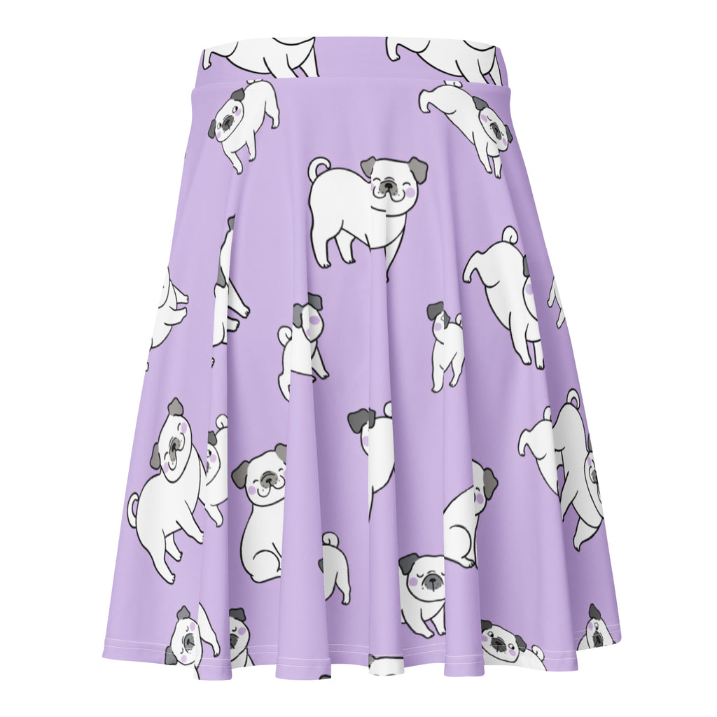 Women’s purple corgi dog skater skirt in flowy lavender fabric with playful white pug pattern and upf 50 plus protection