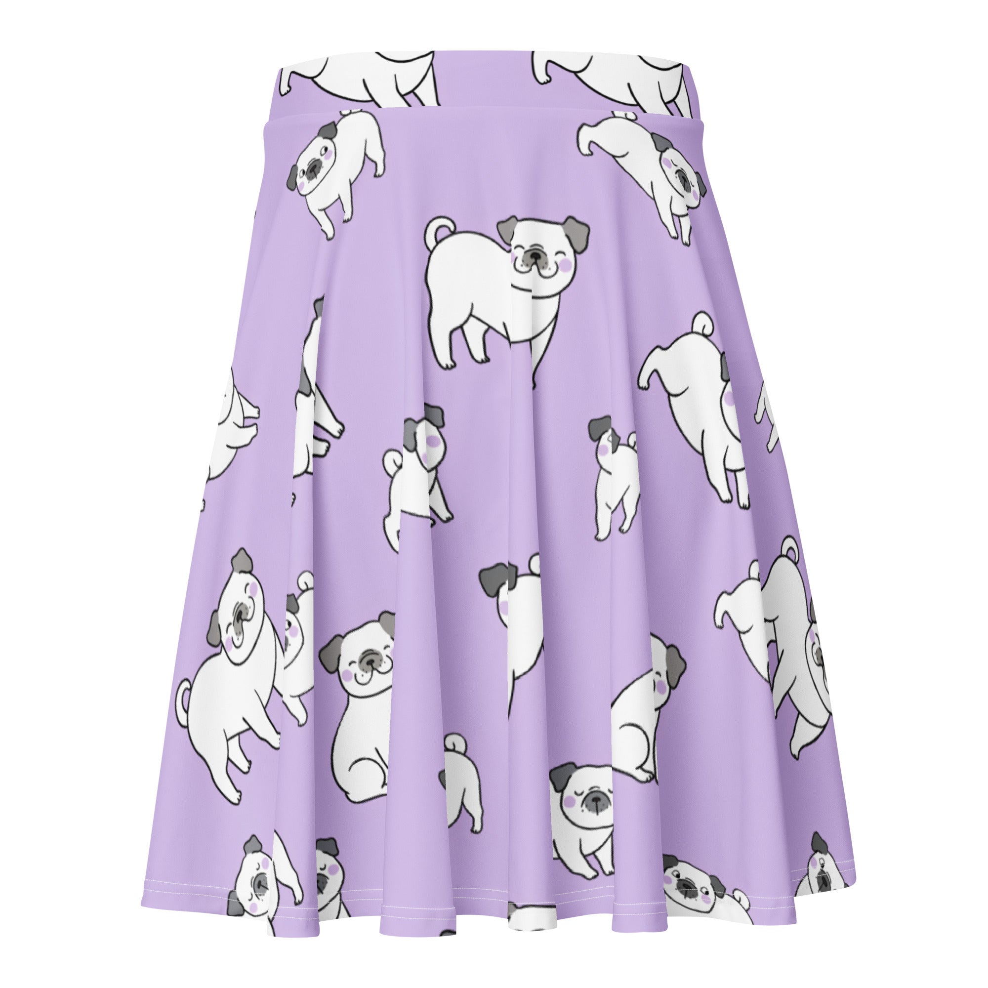 Women’s purple corgi dog skater skirt in flowy lavender fabric with playful white pug pattern and upf 50 plus protection