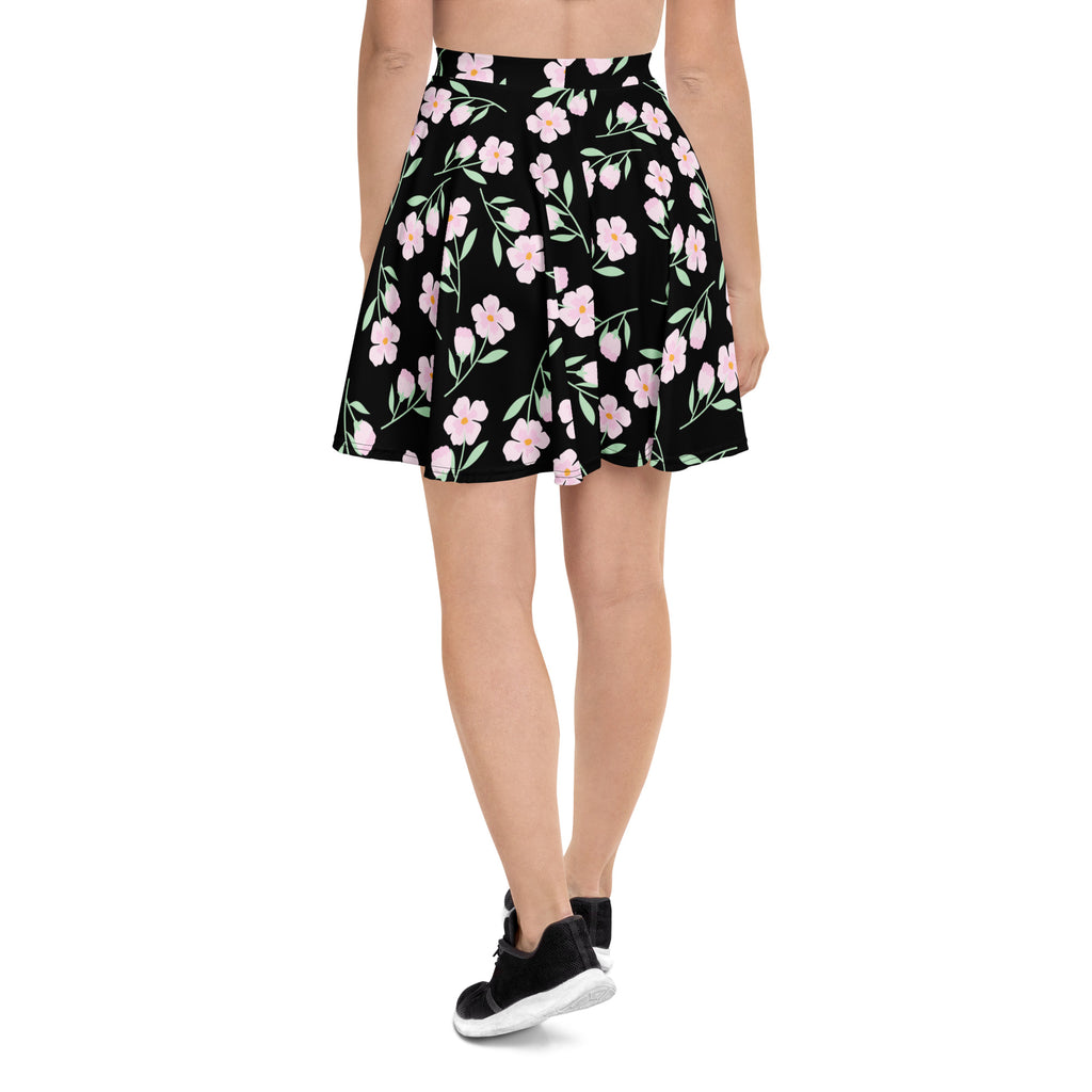Women’s black floral skater skirt with pink flowers green stems flowy high waisted upf 50 plus recycled fabric