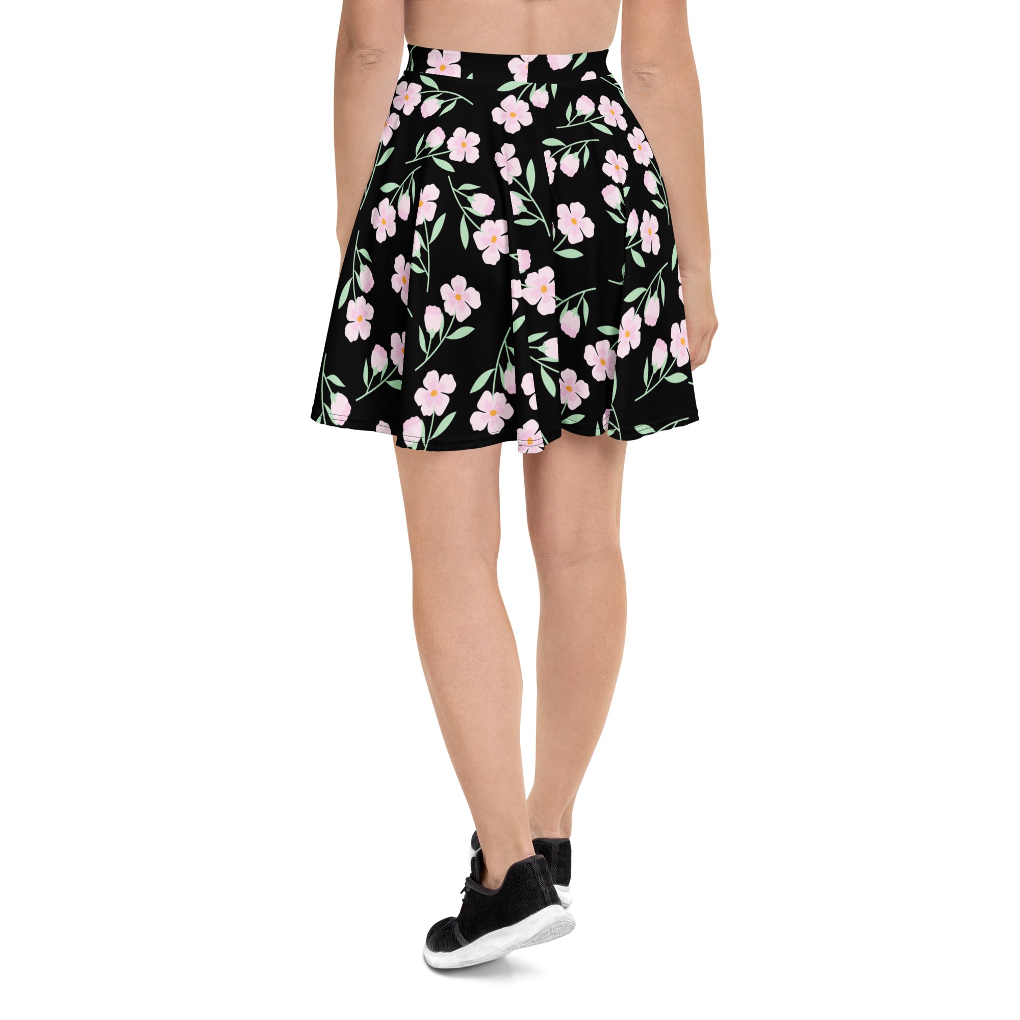 Women’s black floral skater skirt with pink flowers green stems flowy high waisted upf 50 plus recycled fabric