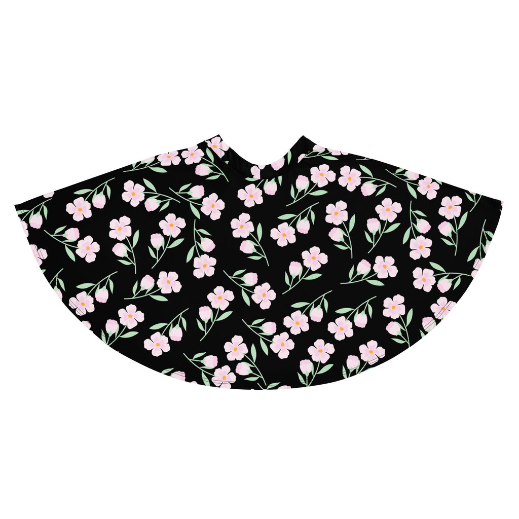 Women’s black floral skater skirt with delicate pink flower pattern high waisted flowy fabric with upf 50 and recycled material