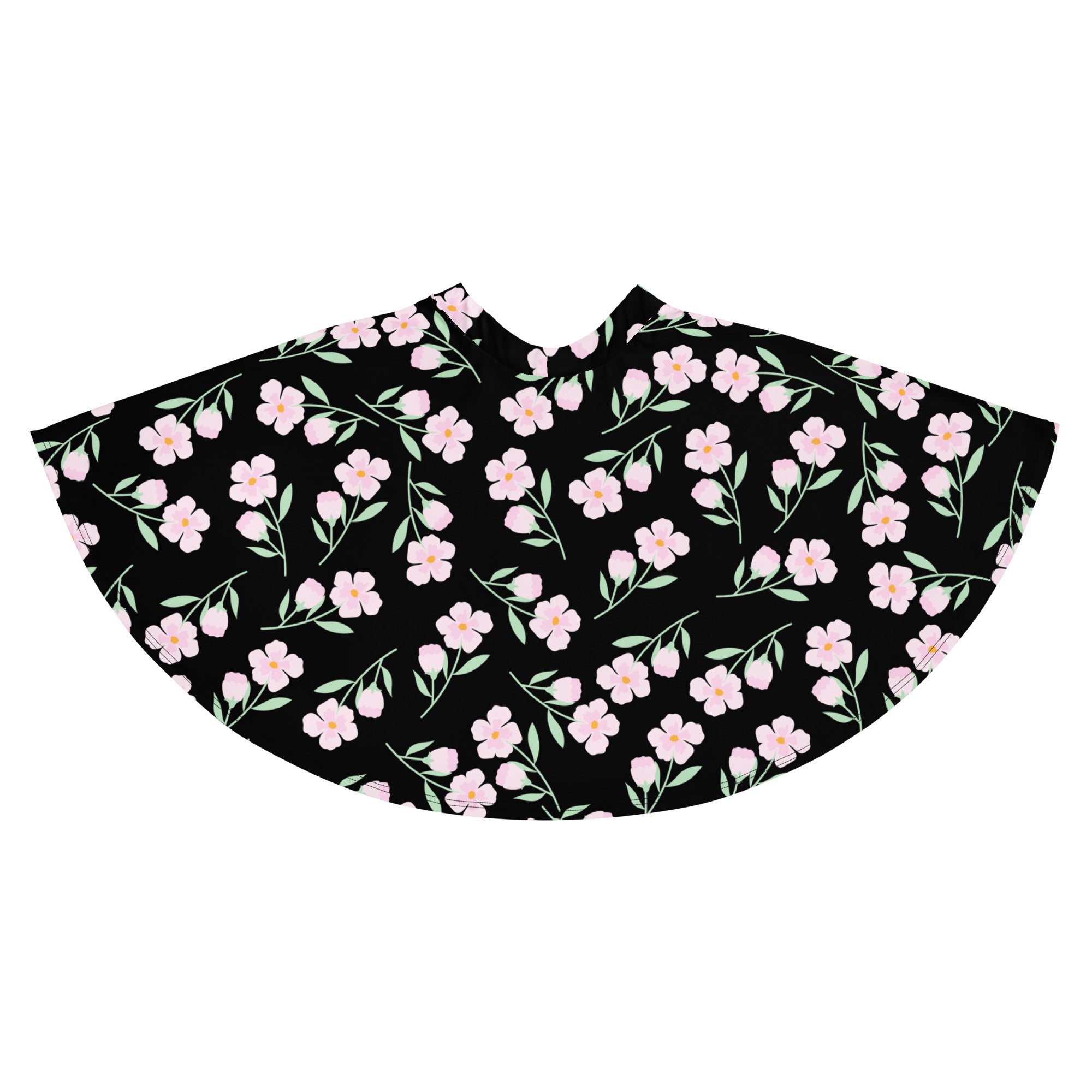 Women’s black floral skater skirt with delicate pink flower pattern high waisted flowy fabric with upf 50 and recycled material