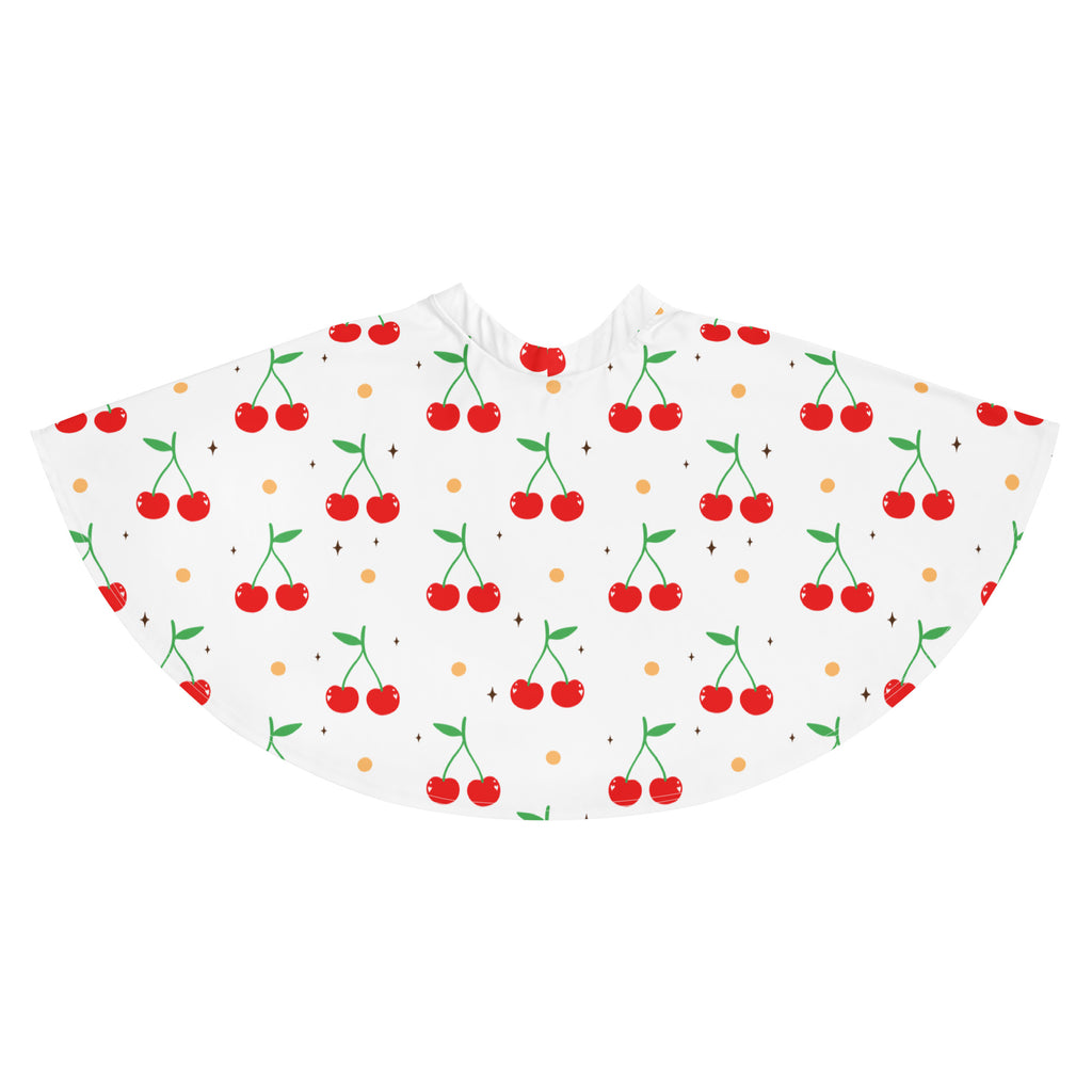 White women’s cherry skater skirt with playful red cherry pattern green stems yellow dots flowy high waisted recycled fabric upf 50+