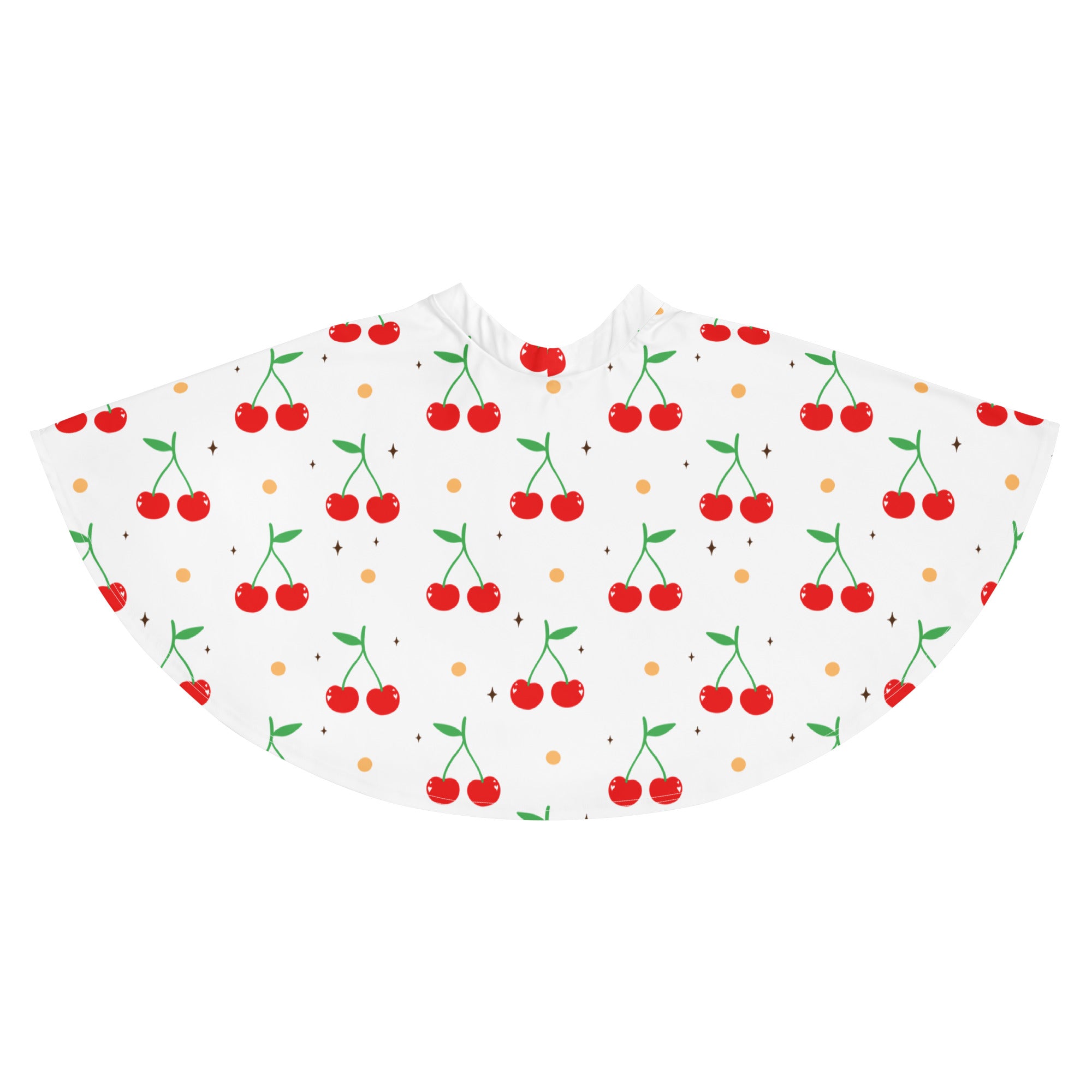 White women’s cherry skater skirt with playful red cherry pattern green stems yellow dots flowy high waisted recycled fabric upf 50+