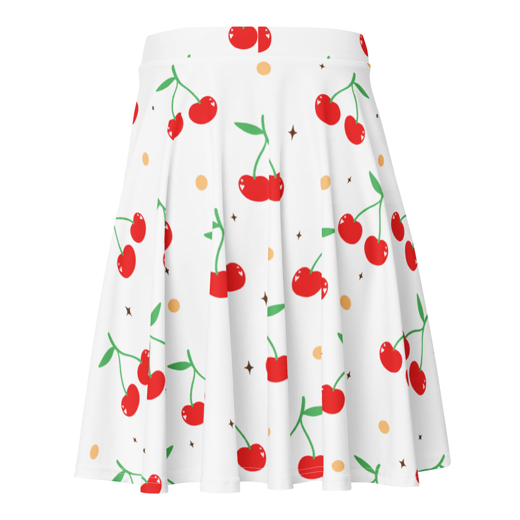 White pleated women’s cherry skater skirt with playful red cherries green stems yellow dots black stars flowy high waisted recycled fabric upf 50+