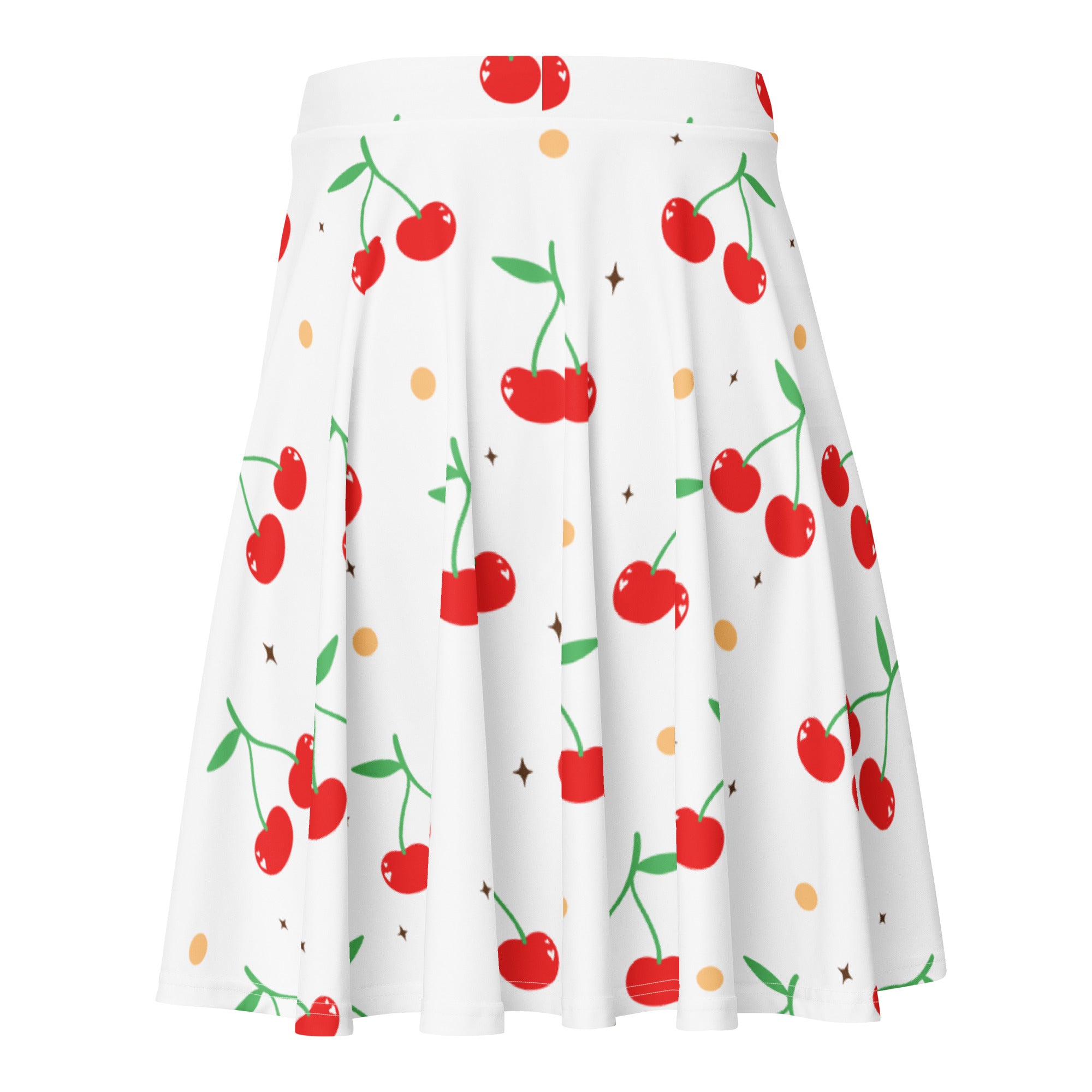 White pleated women’s cherry skater skirt with playful red cherries green stems yellow dots black stars flowy high waisted recycled fabric upf 50+