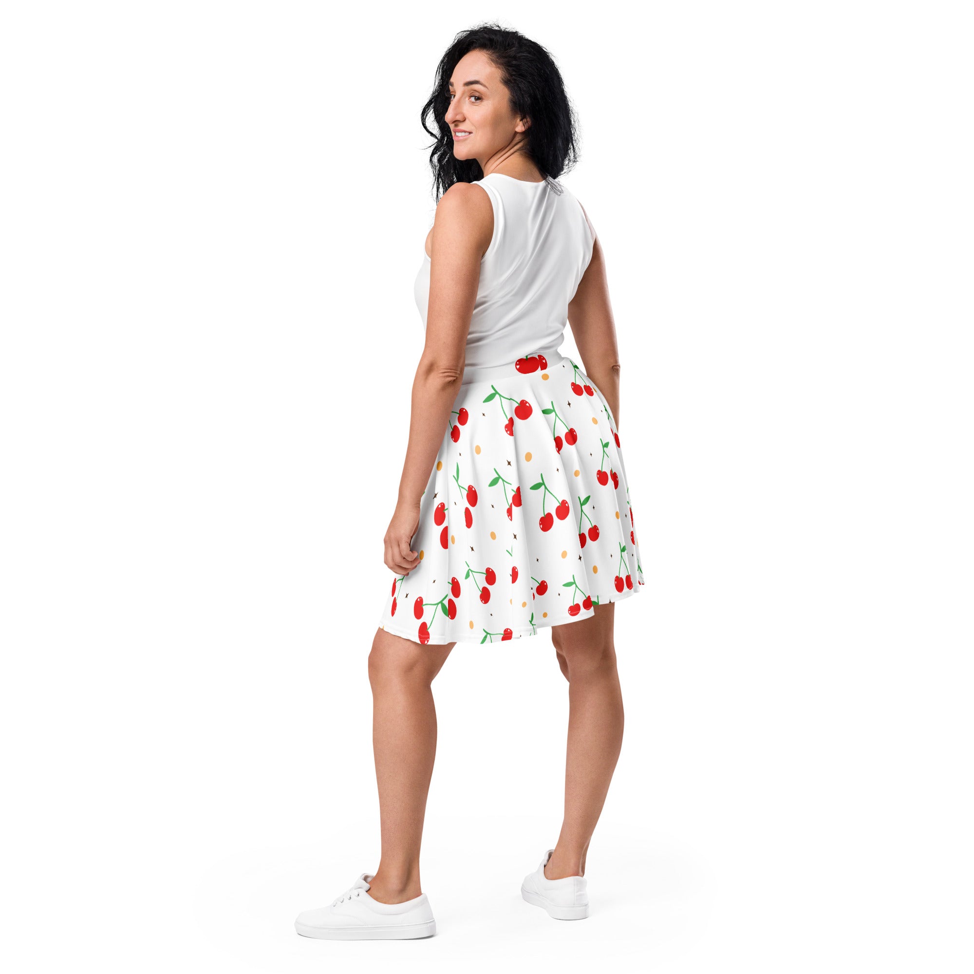 White cherry skater skirt with red cherry pattern green stems flowy high waisted upf 50 plus recycled fabric