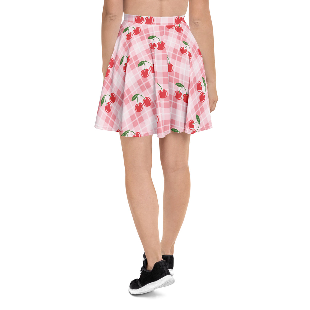 Women’s pink and white plaid cherry skater skirt with red cherries green stems flowy high waisted recycled fabric upf 50+