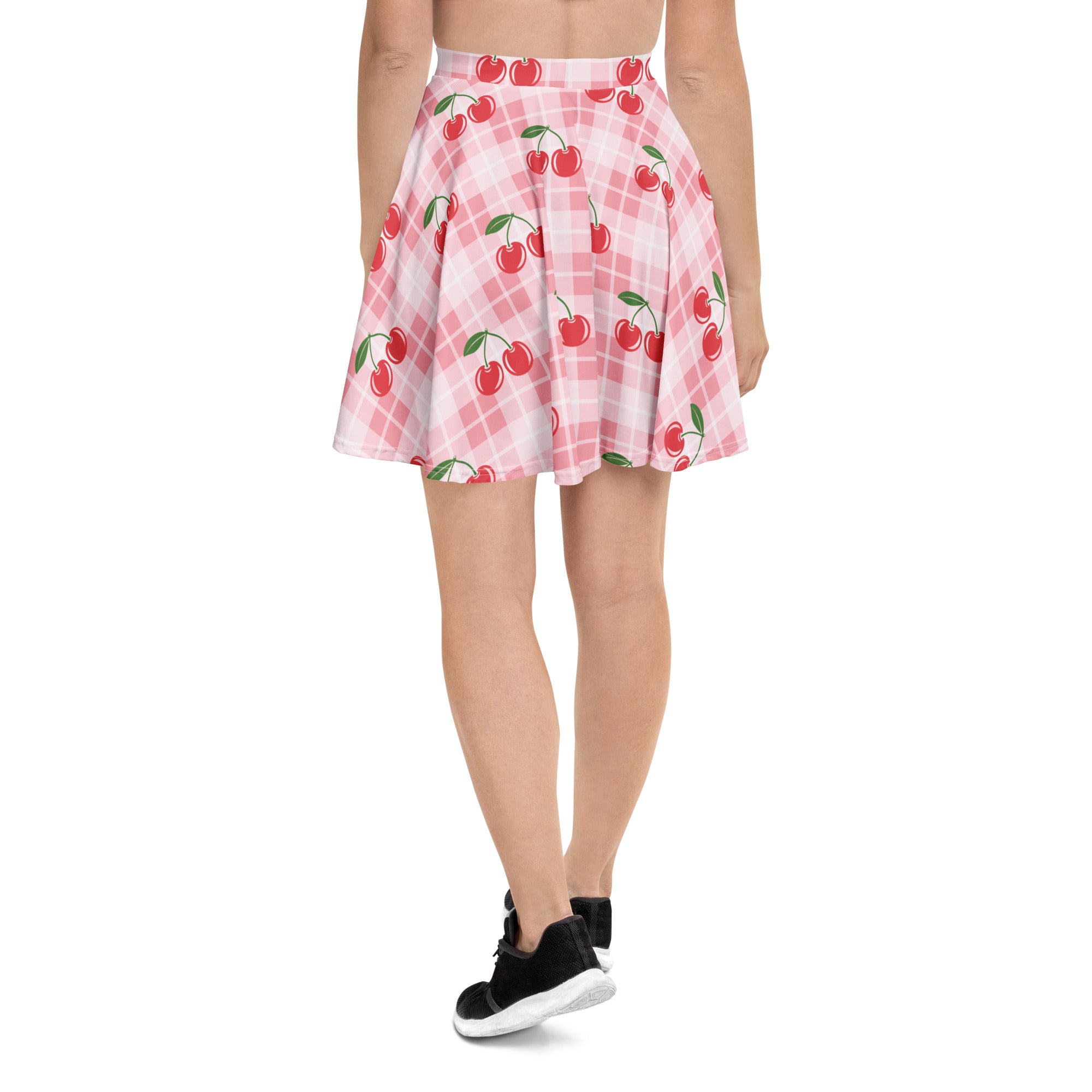 Women’s pink and white plaid cherry skater skirt with red cherries green stems flowy high waisted recycled fabric upf 50+