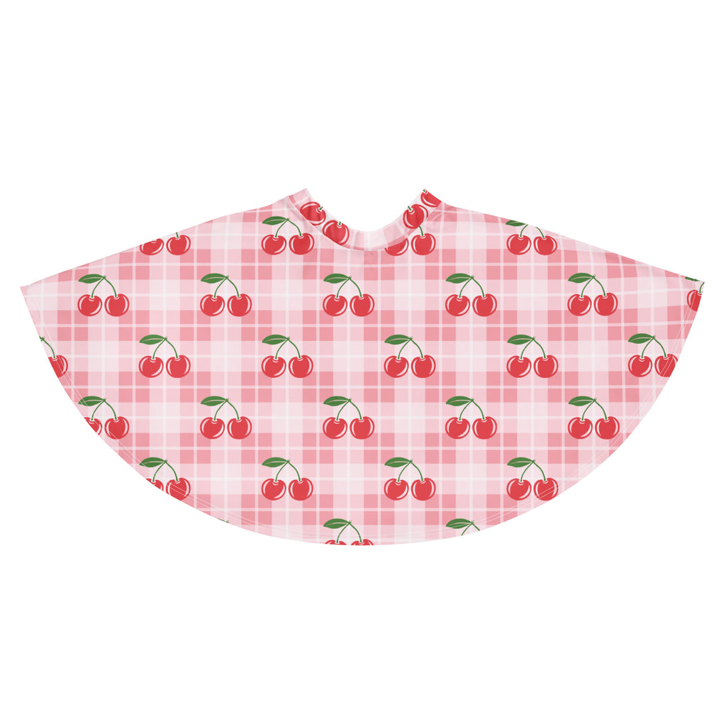 Women’s pink plaid cherry skater skirt with flowy high waist upf 50 plus recycled fabric and cherry pattern