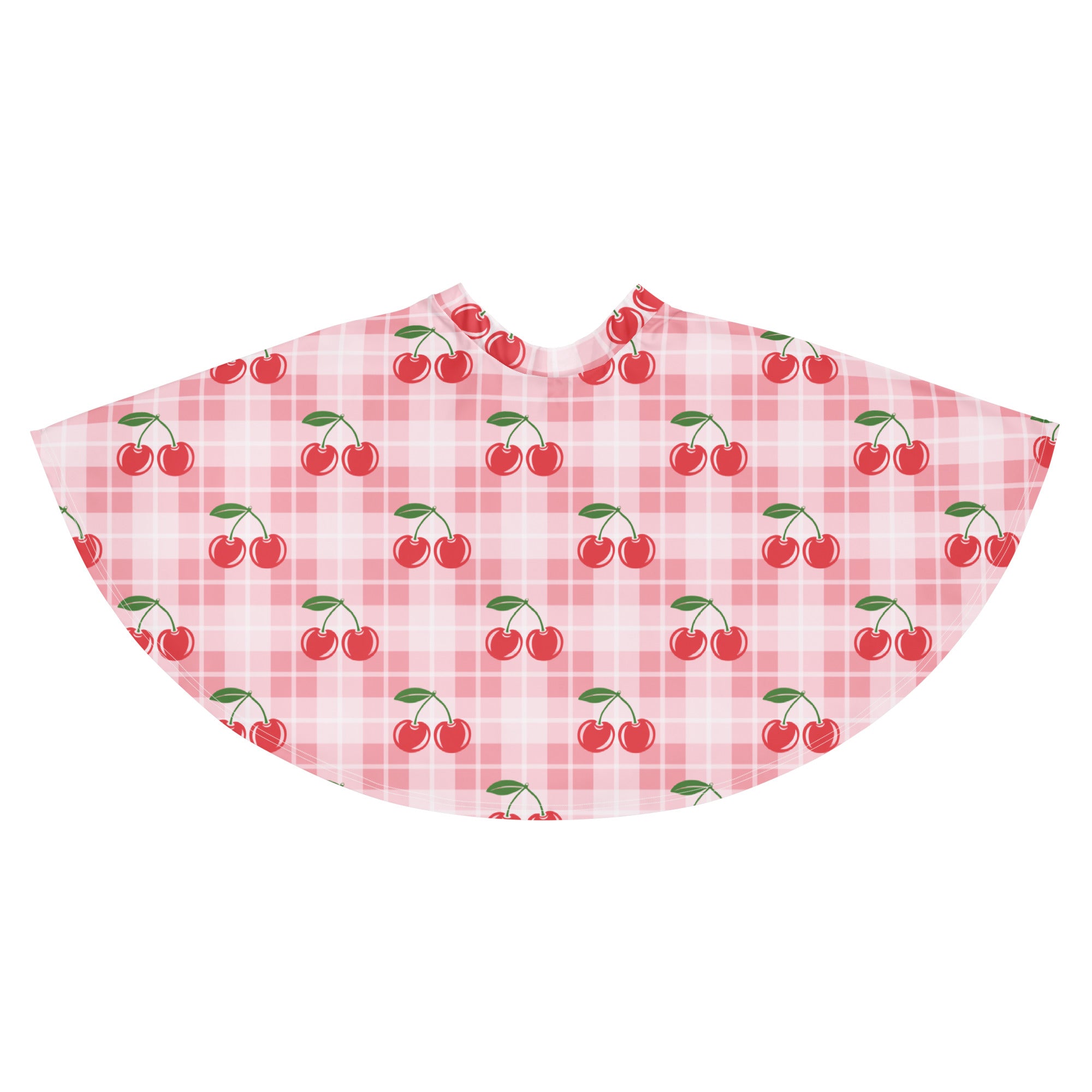 Women’s pink plaid cherry skater skirt with flowy high waist upf 50 plus recycled fabric and cherry pattern