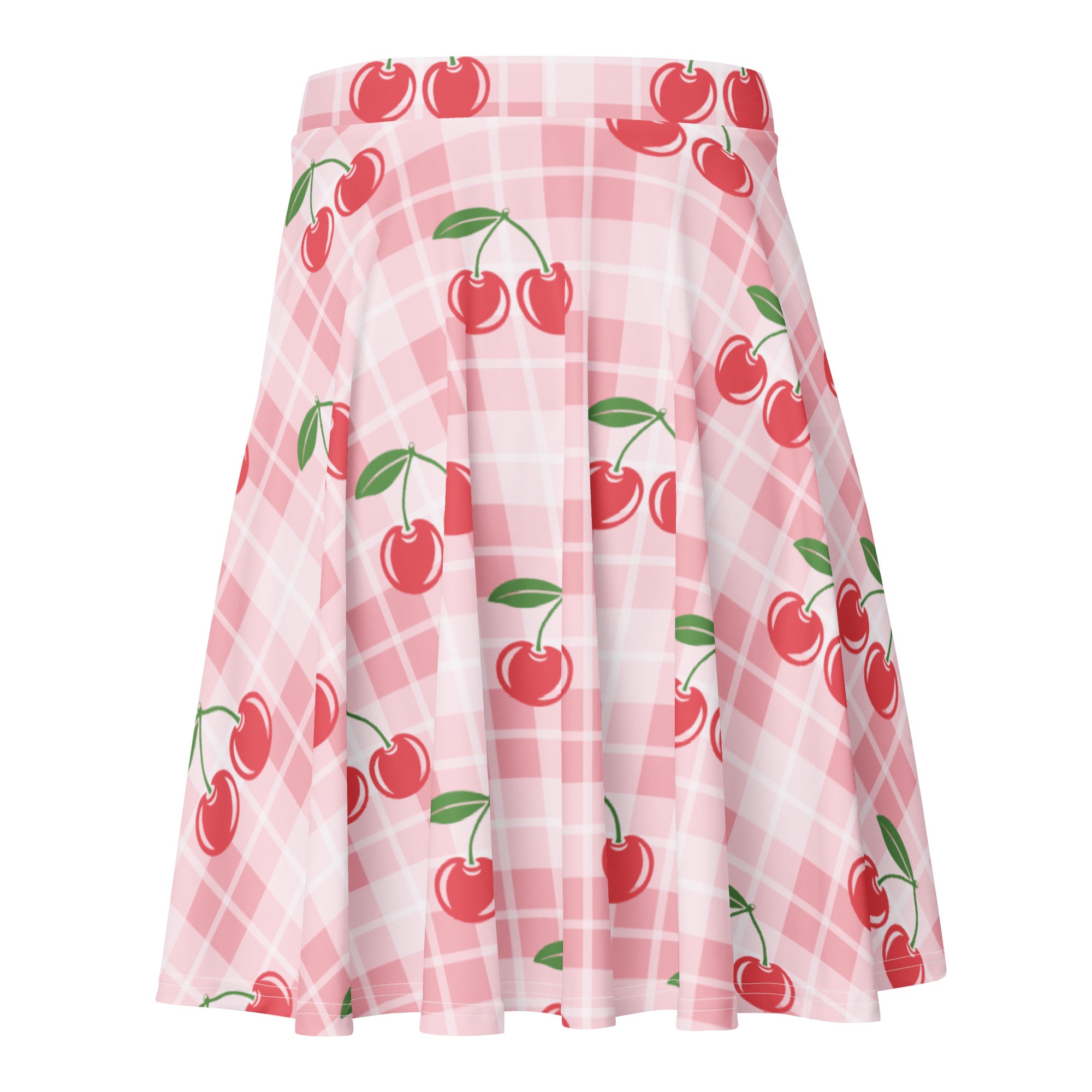 Women’s pink plaid cherry skater skirt with playful red cherries green stems flowy high waisted recycled fabric upf 50+
