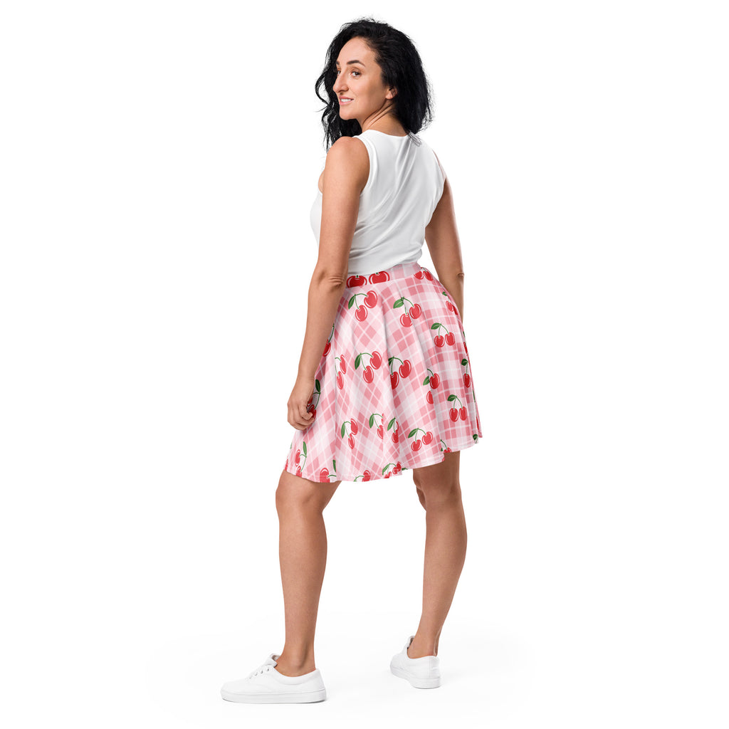 Women’s pink plaid cherry skater skirt with flowy pleats high waisted upf 50 plus recycled fabric