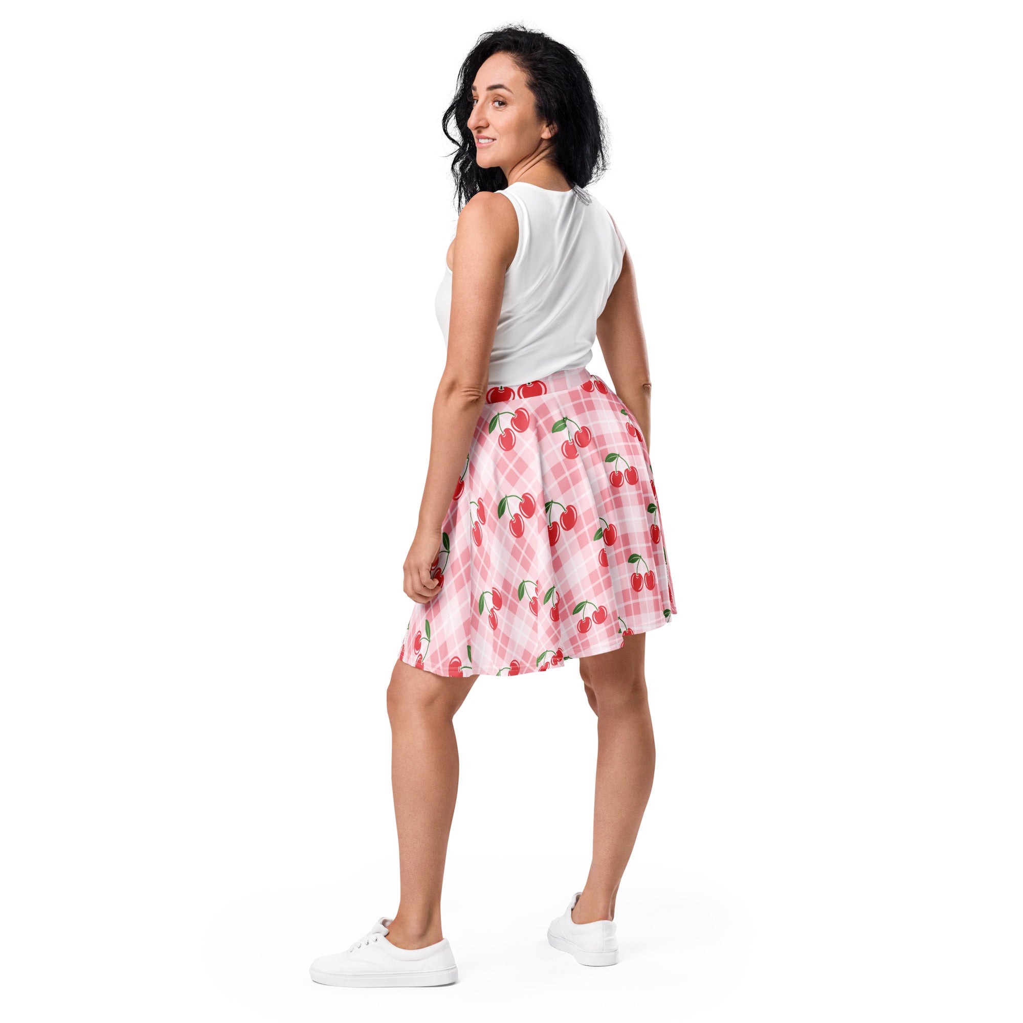 Women’s pink plaid cherry skater skirt with flowy pleats high waisted upf 50 plus recycled fabric